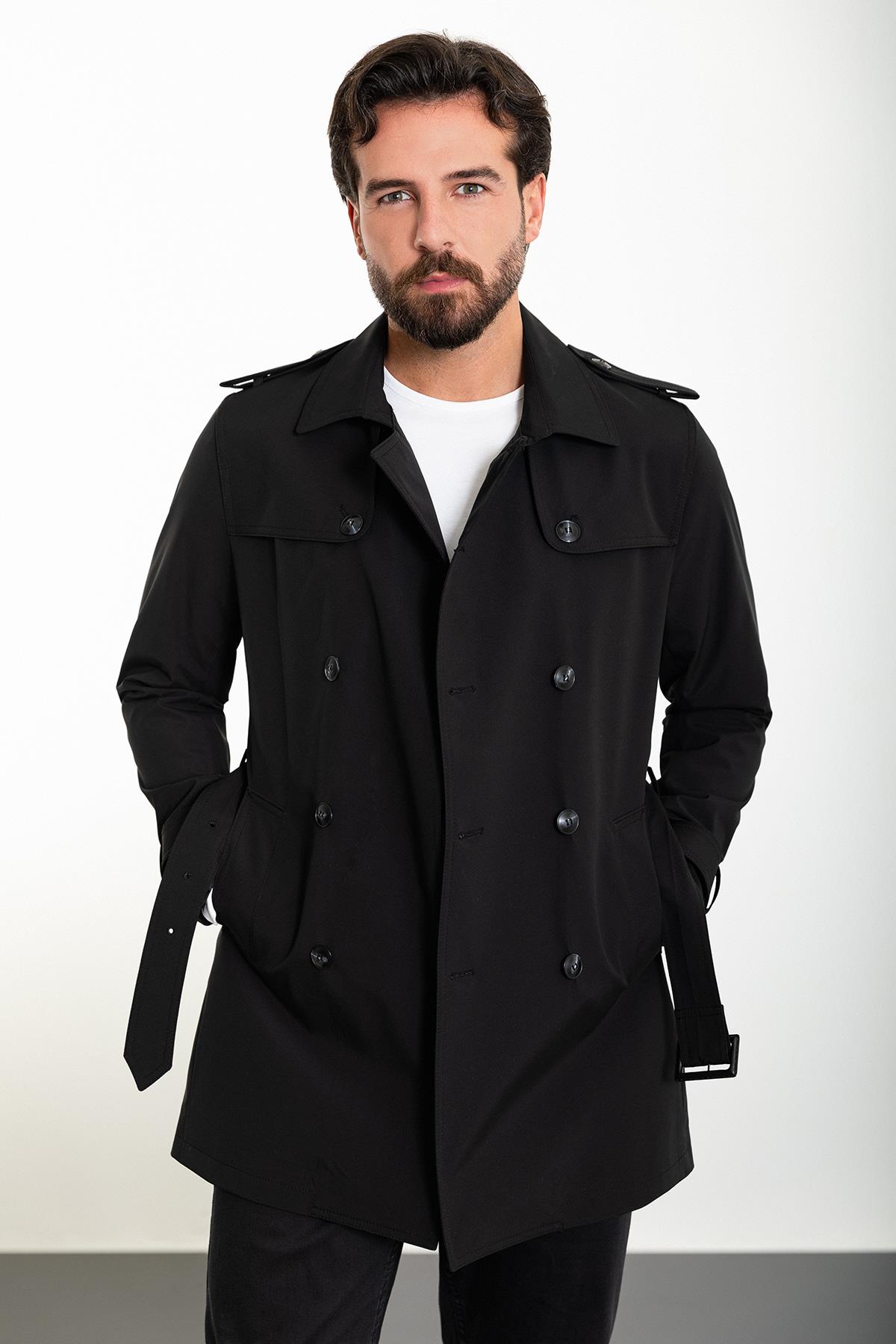 Siyah Slim Fit Trençkot Erkek Mont HT962