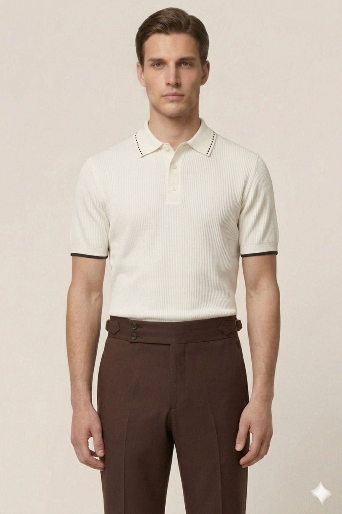 Ekru Slim Fit Polo Yaka Kısa Kollu Erkek Triko T-Shirt