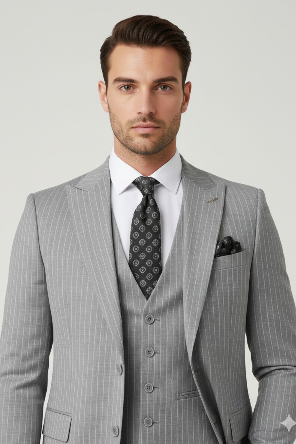 Açık Gri Çizgili Slim Fit Pantolon Yelek Ceket Takım Elbise HT1026