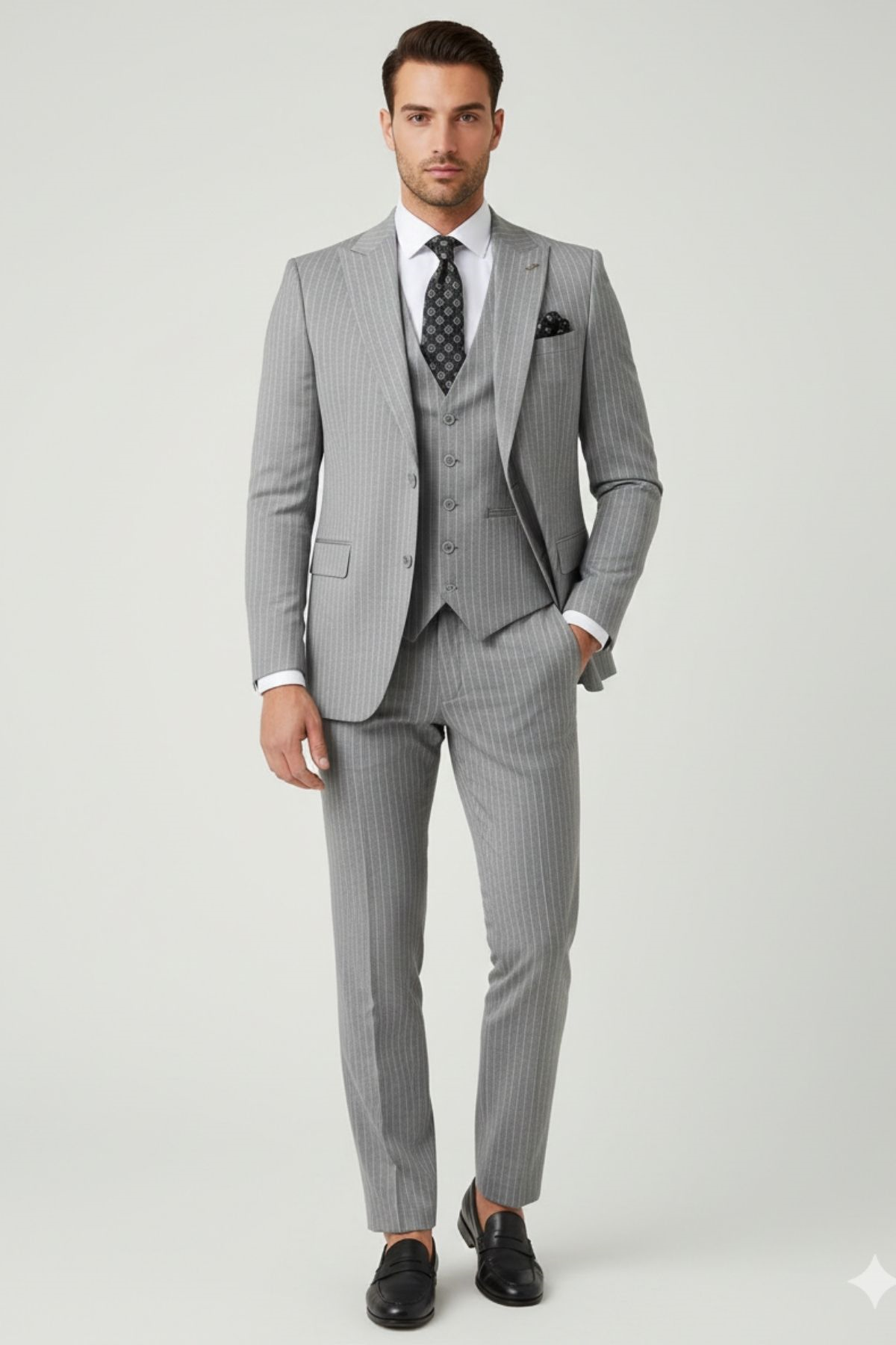 Açık Gri Çizgili Slim Fit Pantolon Yelek Ceket Takım Elbise HT1026