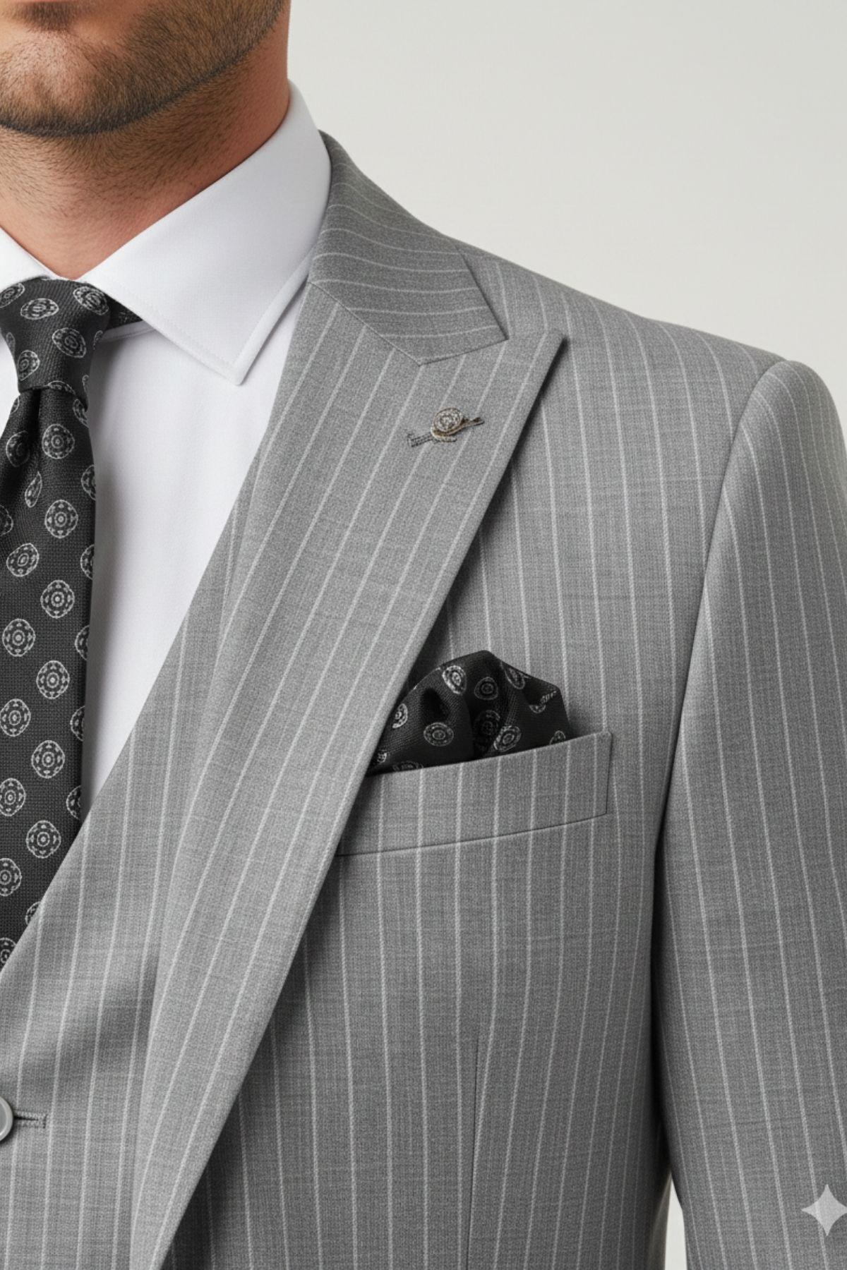 Açık Gri Çizgili Slim Fit Pantolon Yelek Ceket Takım Elbise HT1026