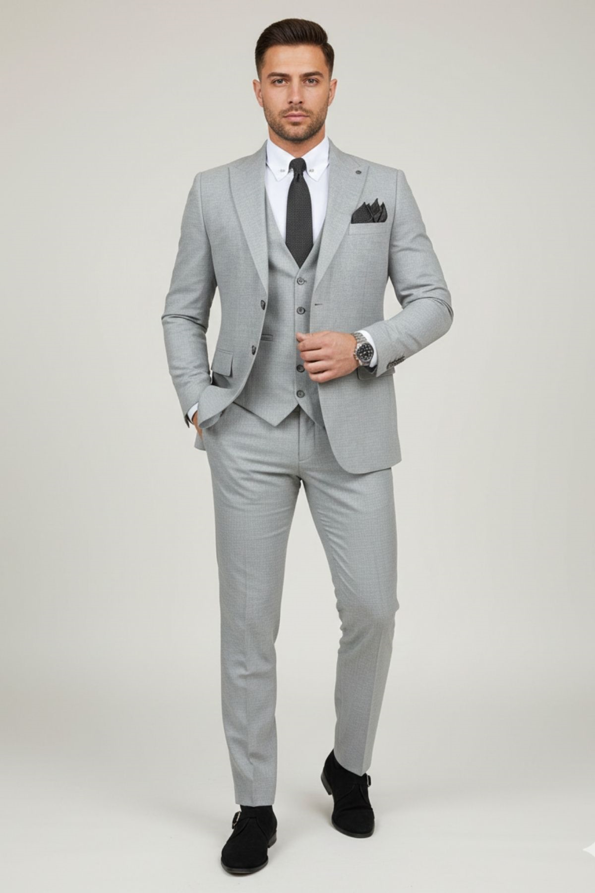 Gri Slim Fit Pantolon Yelek Ceket Takım Elbise HT1017