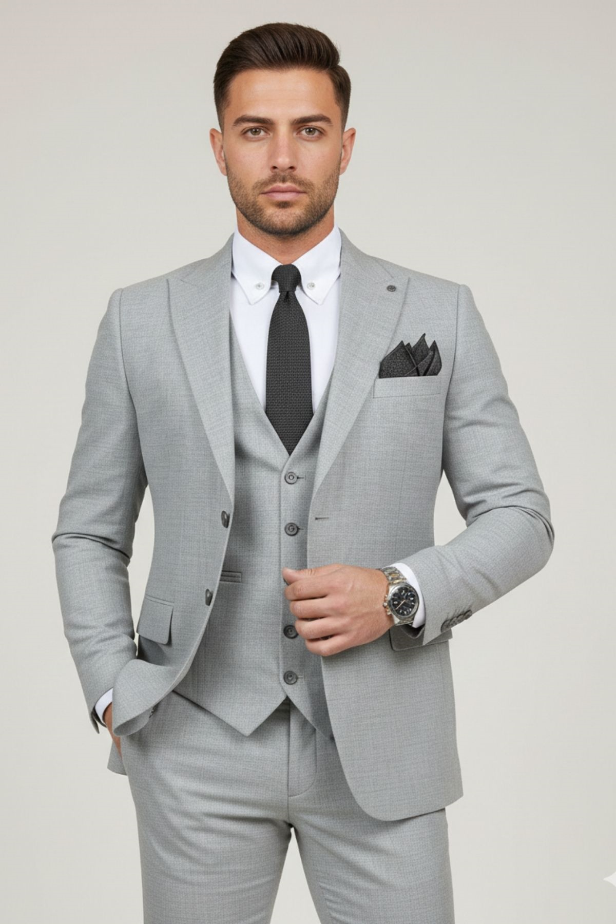 Gri Slim Fit Pantolon Yelek Ceket Takım Elbise HT1017