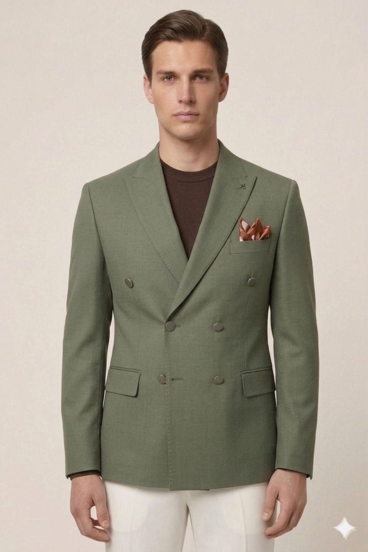 Haki Slim Fit Geniş Yaka Kruvaze Metal Düğmeli Erkek Ceket