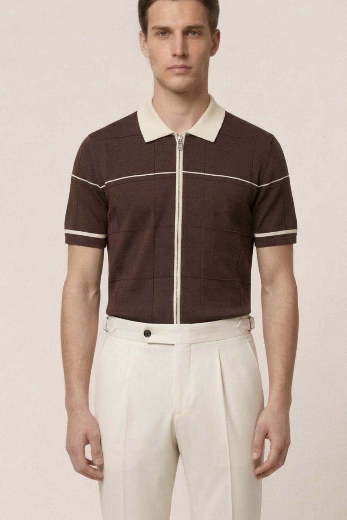 Kahve Slim Fit Polo Yaka Fermuarlı Kısa Kol Erkek Triko T-Shirt