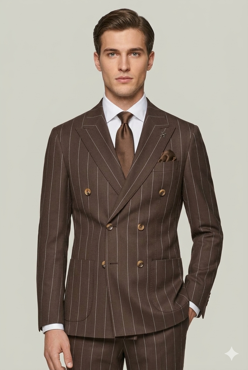 Kahverengi Çizgili Modern Fit Kruvaze Erkek Takım Elbise