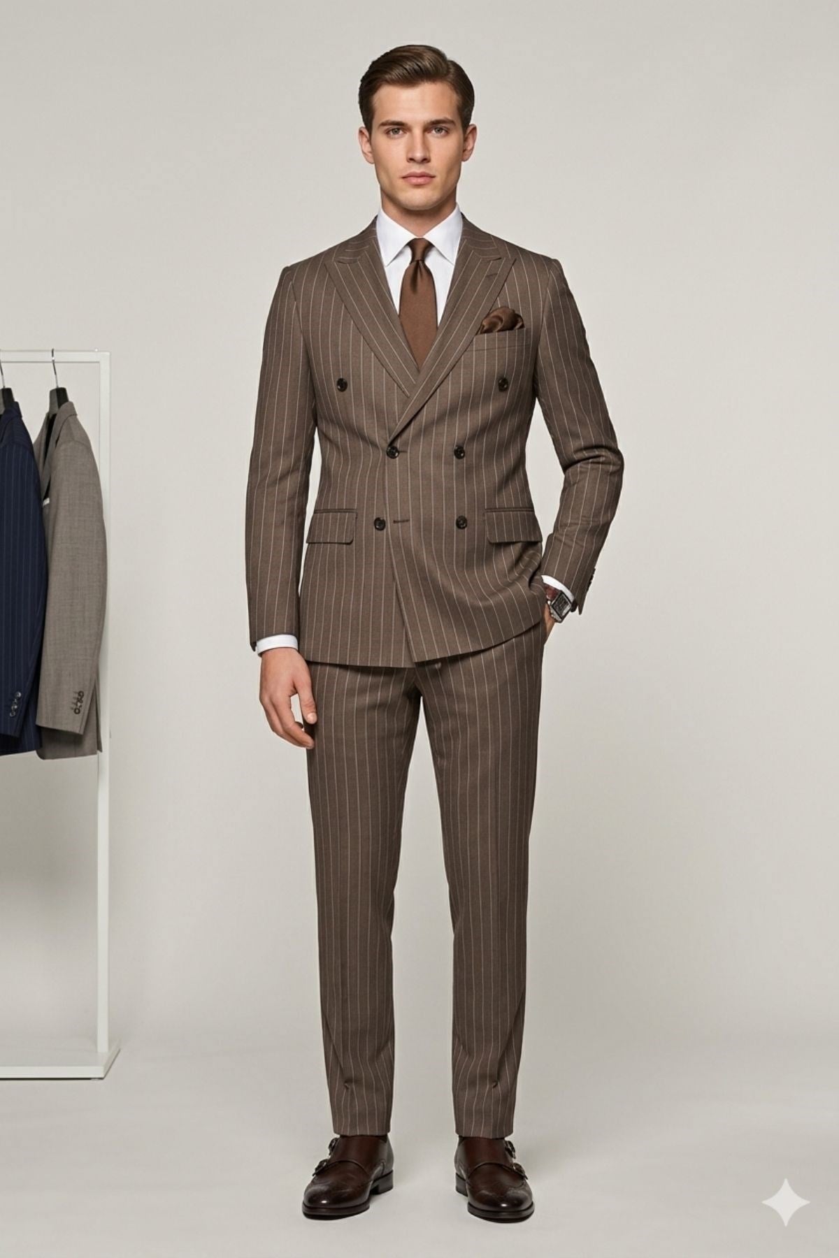 Kahverengi Çizgili Slim Fit Geniş Yaka Kruvaze Pantolon Ceket Takım Elbise