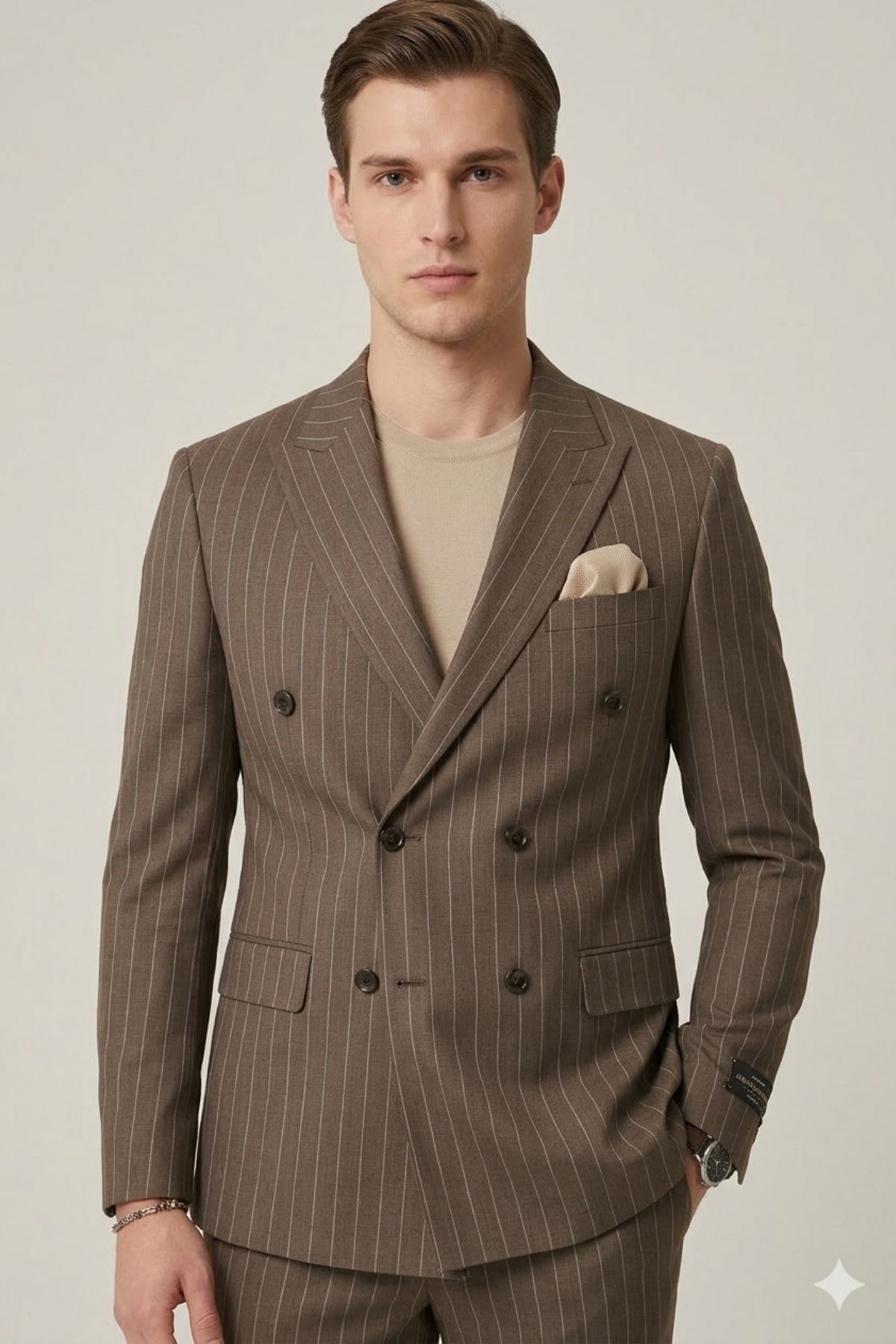 Kahverengi Çizgili Slim Fit Geniş Yaka Kruvaze Pantolon Ceket Takım Elbise