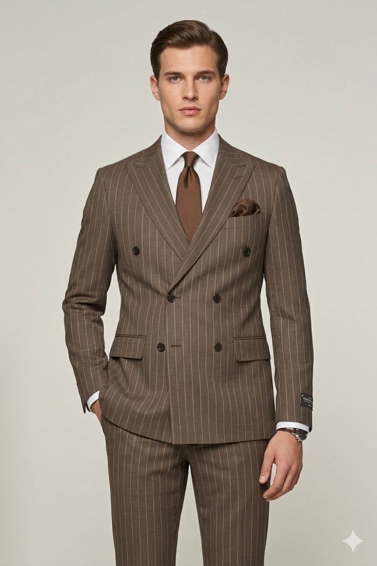 Kahverengi Çizgili Slim Fit Geniş Yaka Kruvaze Pantolon Ceket Takım Elbise