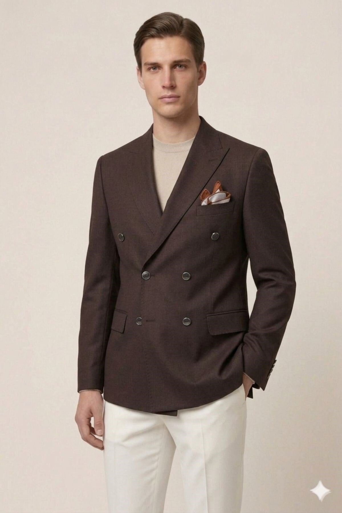 Kahverengi Slim Fit Geniş Yaka Kruvaze Metal Düğmeli Erkek Ceket