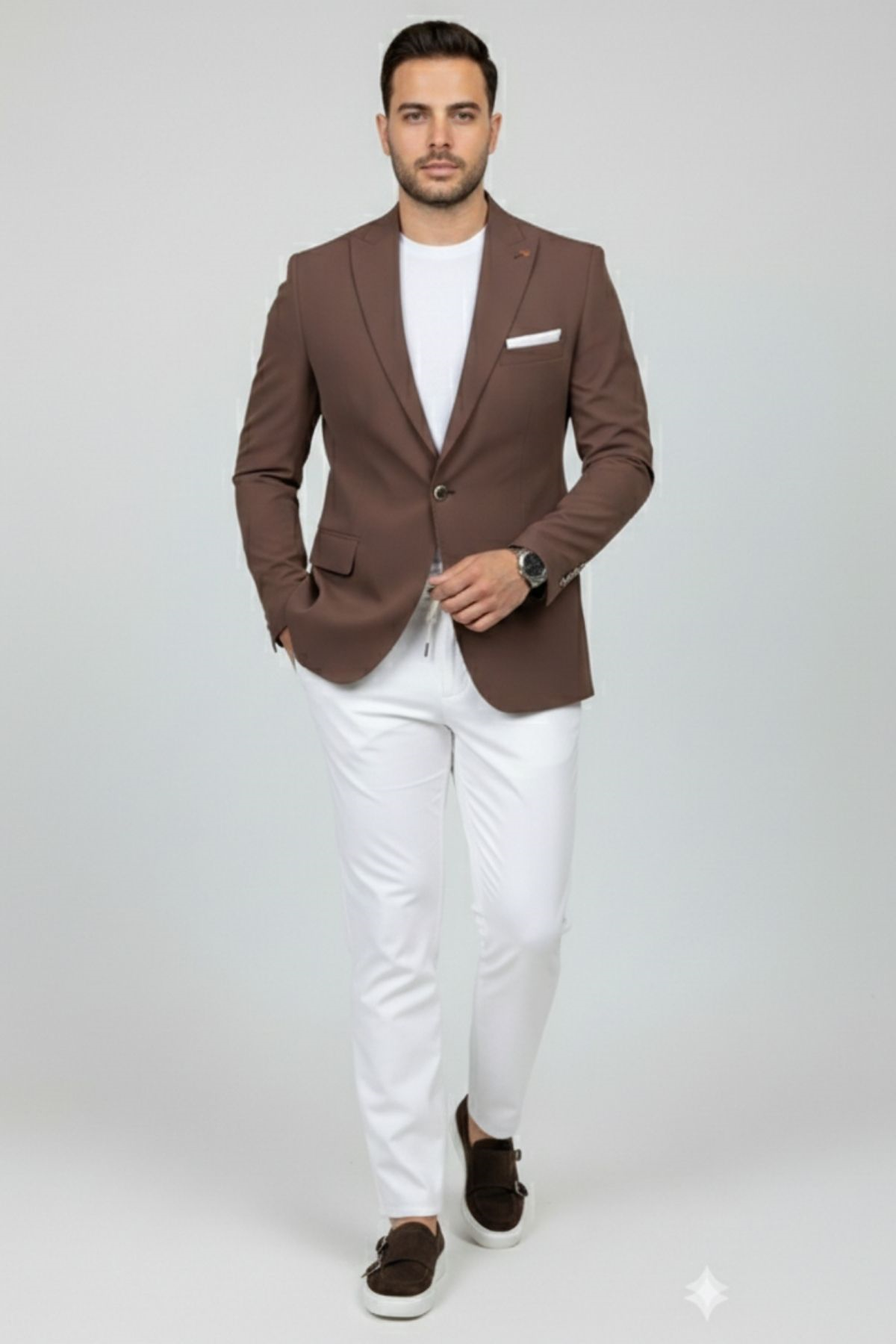 Kahverengi Slim Fit Geniş Yaka Yün Karışımlı Erkek Ceket HT41424