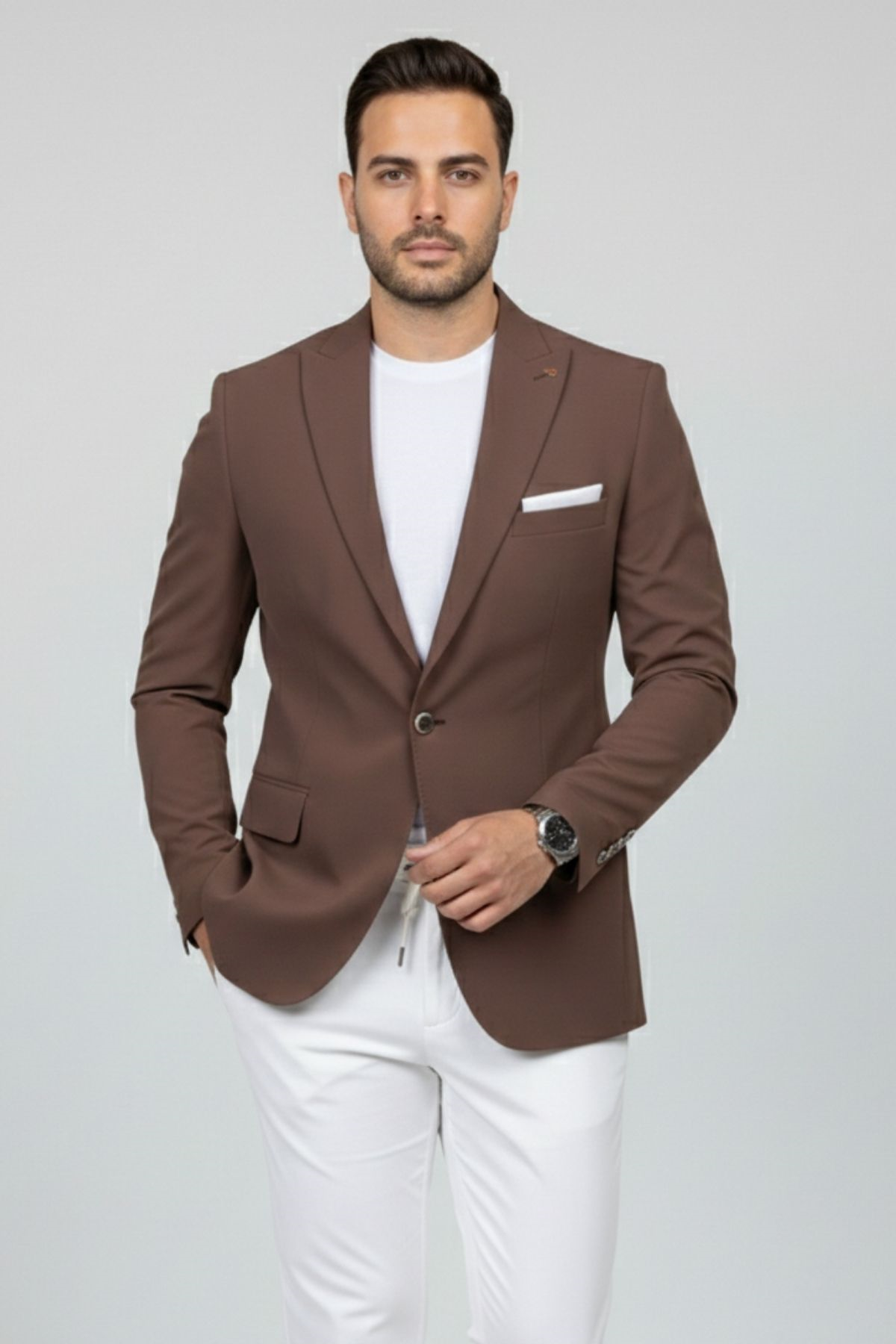 Kahverengi Slim Fit Geniş Yaka Yün Karışımlı Erkek Ceket HT41424
