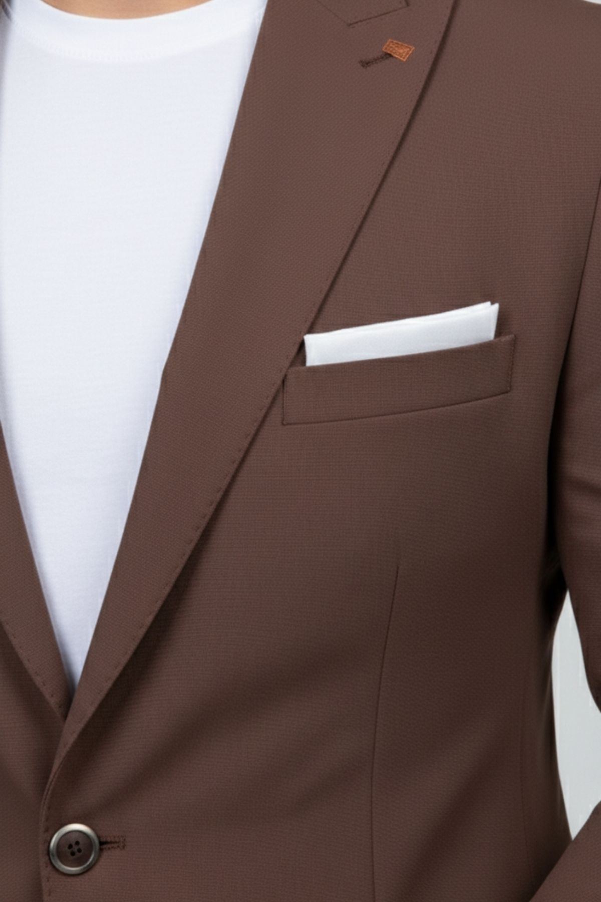 Kahverengi Slim Fit Geniş Yaka Yün Karışımlı Pantolon Ceket Takım Elbise-HT41424-TKM-KHV
