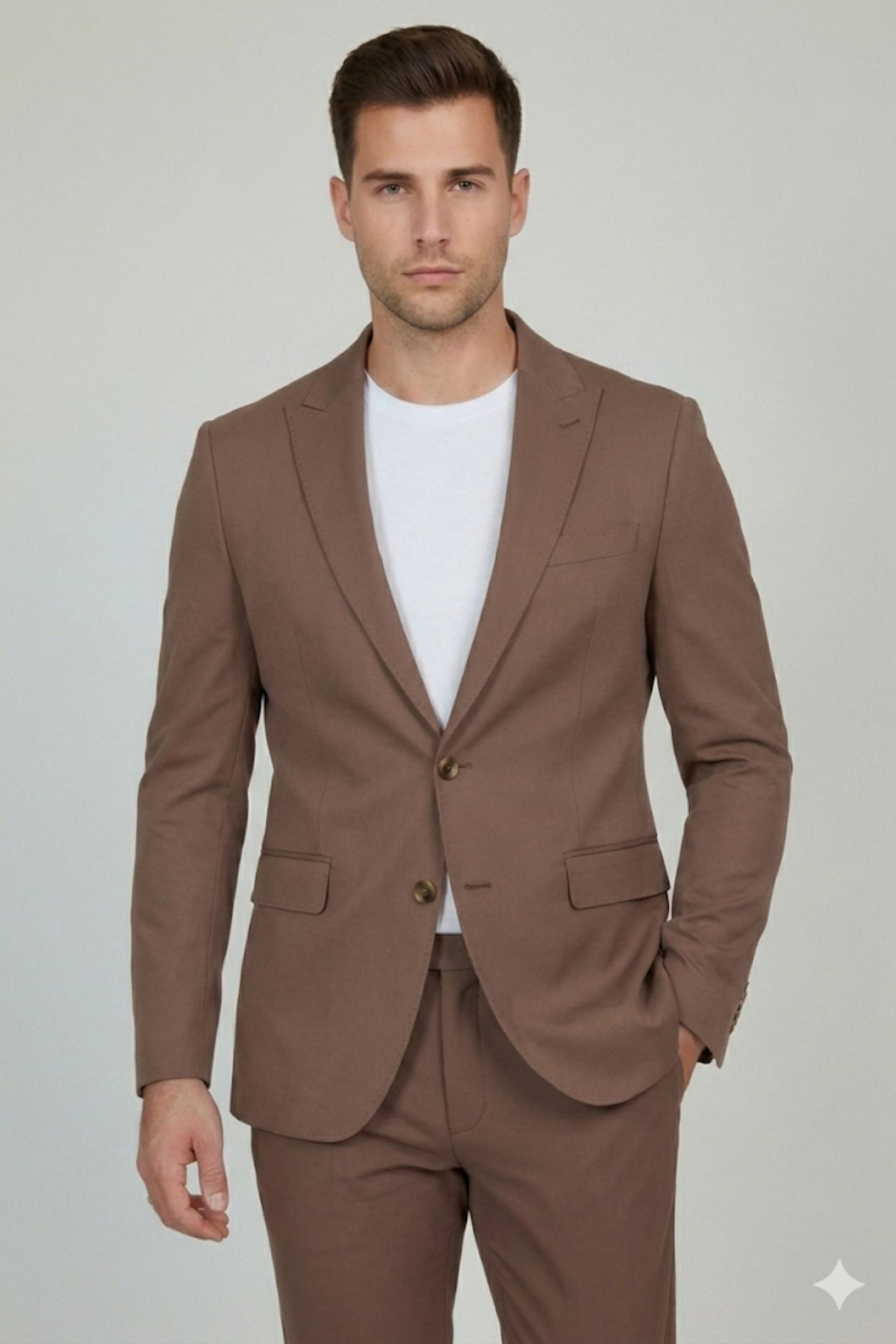 Kahverengi Slim Fit Geniş Yaka Yün Karışımlı Pantolon Ceket Takım Elbise-HT41424-TKM-KHV