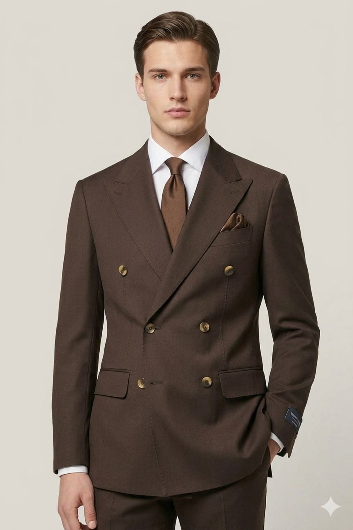 Kahverengi Slim Fit Kruvaze Yaka Pantolon Ceket Takım Elbise HT1027
