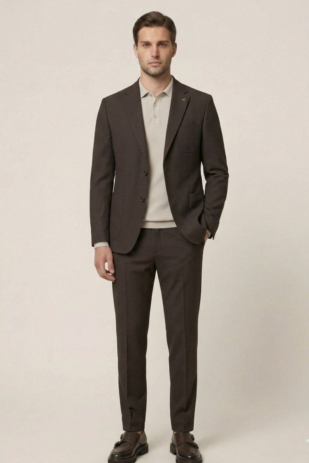 Kahverengi Slim Fit Mono Yaka Dokulu Erkek Ceket