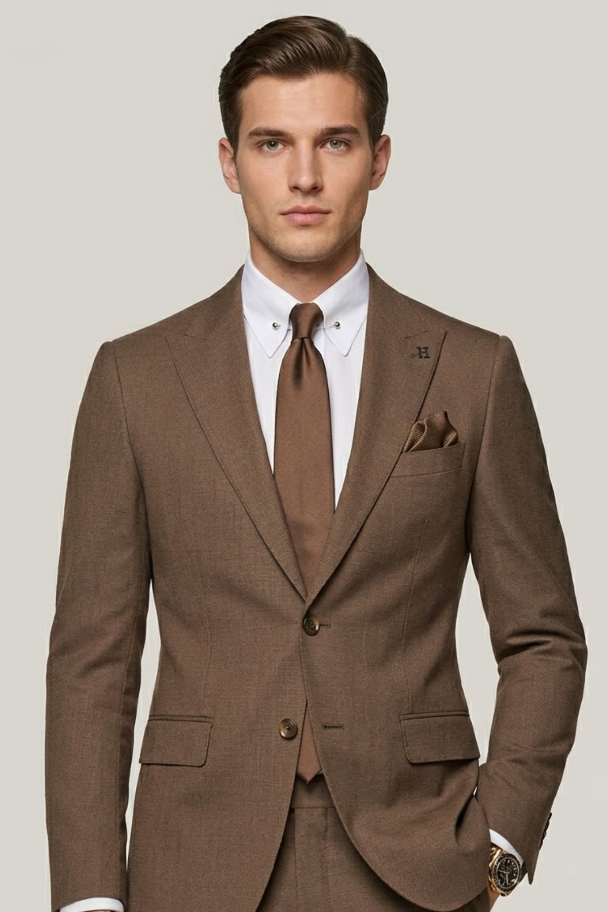 Kahverengi Slim Fit Pantolon Yelek Ceket Takım Elbise HT1007