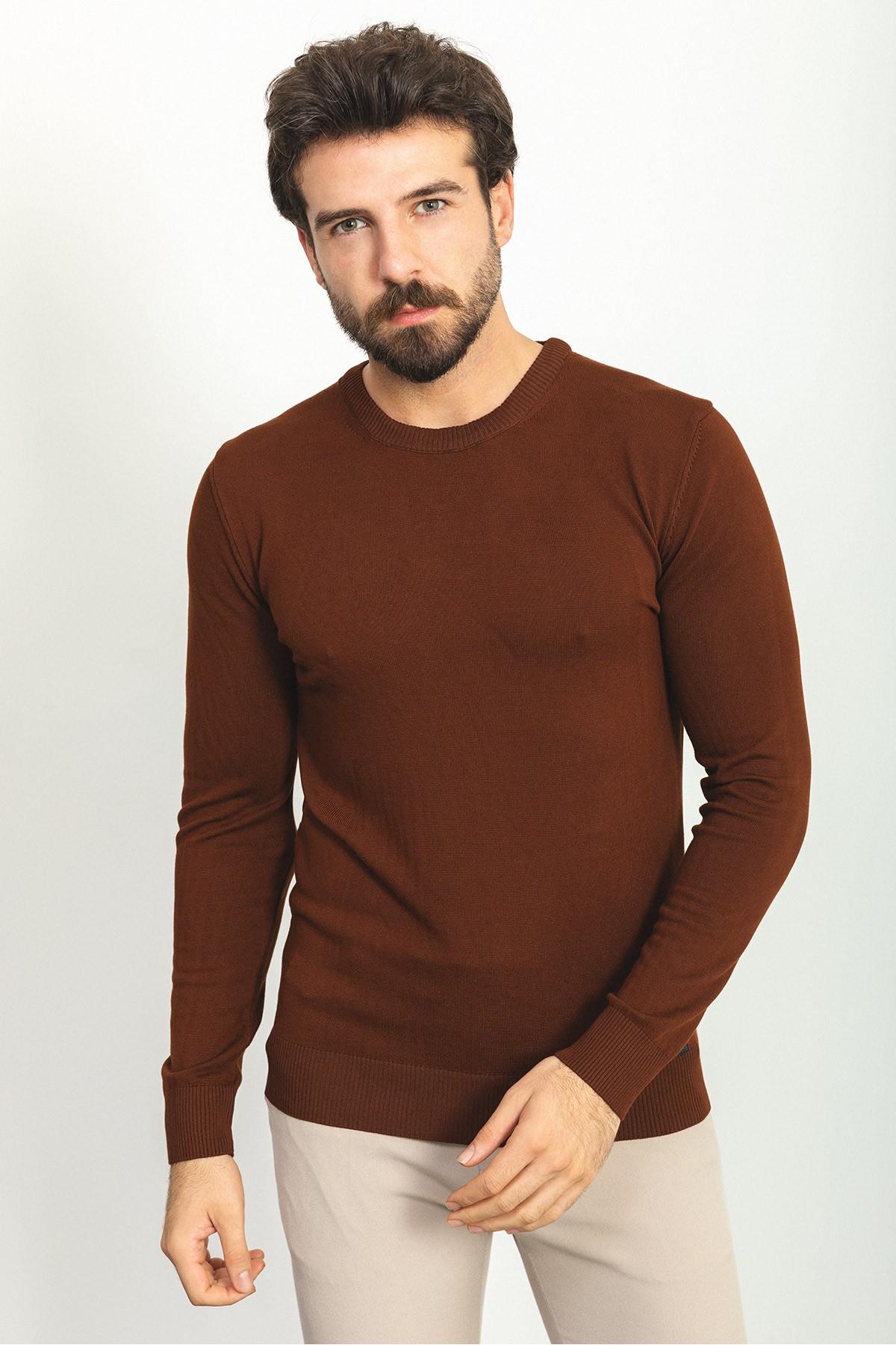 Kiremit Rengi Yuvarlak Yaka Ve Uzun Kollu Triko