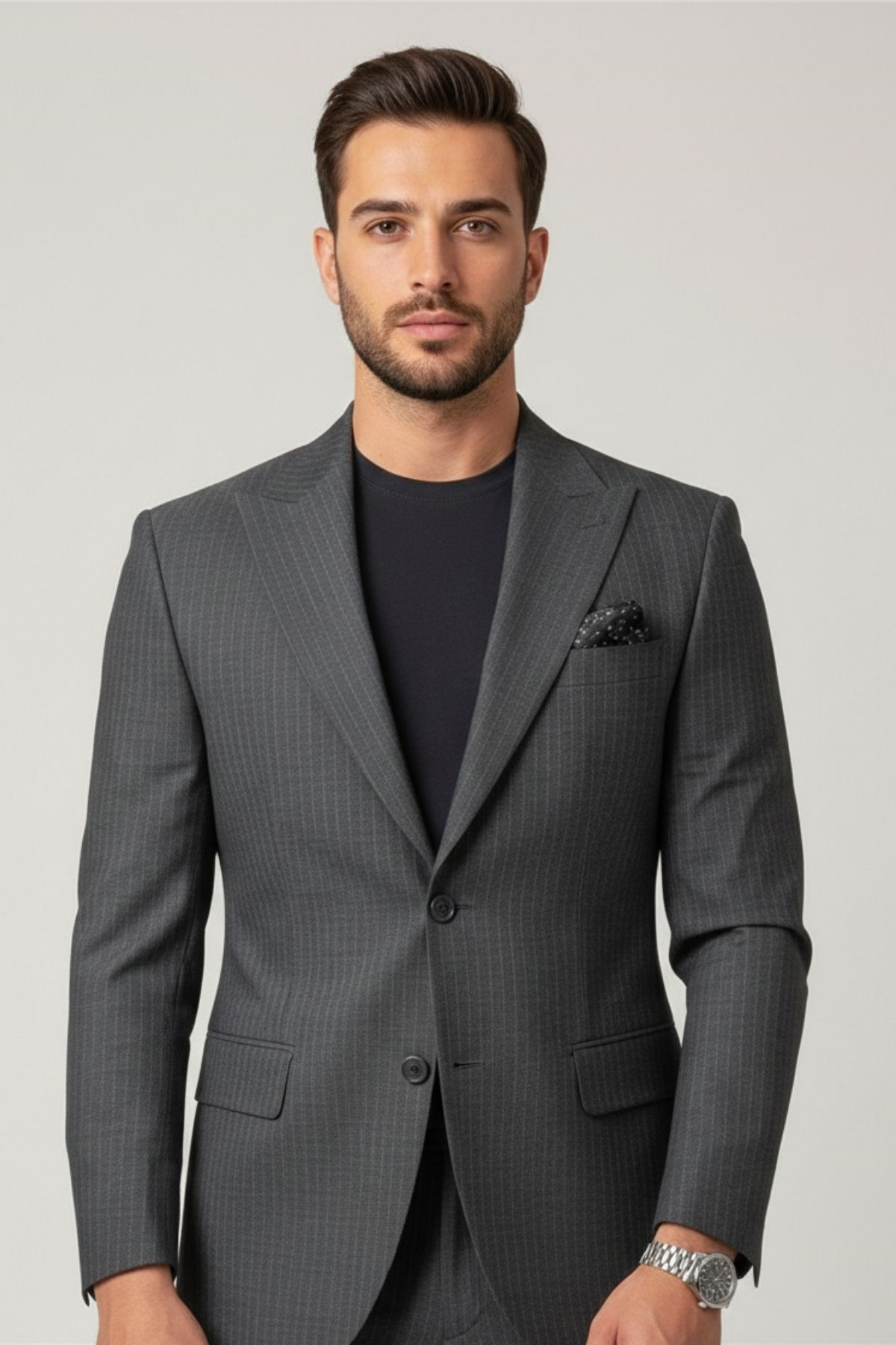 Füme İnce Çizgili Slim Fit Blazer Pantolon Ceket Takım Elbise HT1020