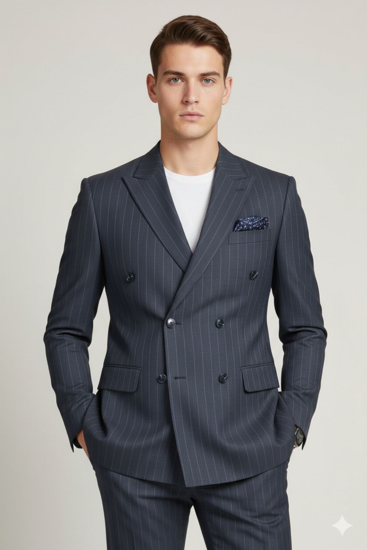 Koyu Mavi Çizgili Slim Fit Geniş Yaka Kruvaze Erkek Takım Elbise