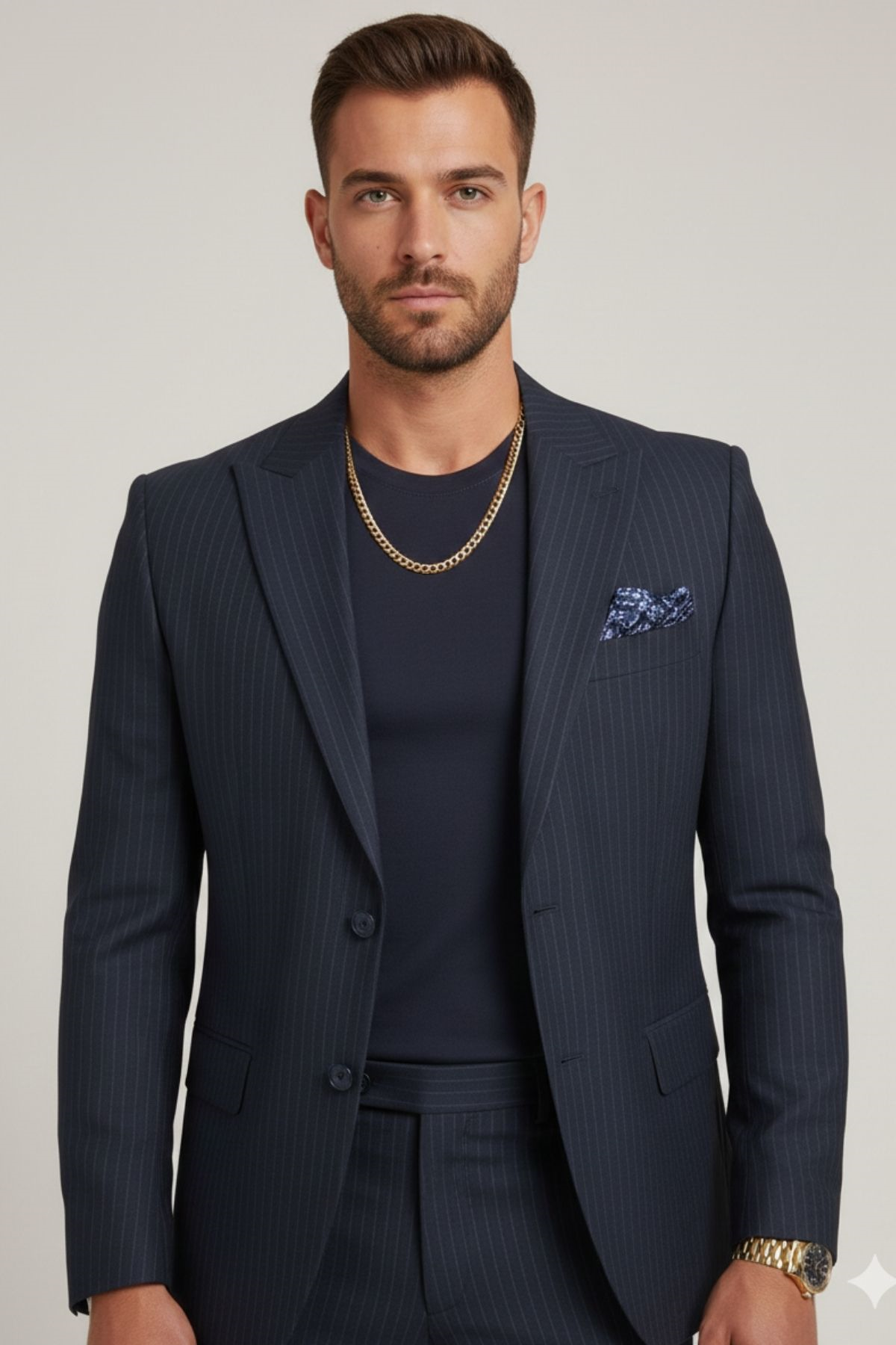 Lacivert İnce Çizgili Slim Fit Blazer Pantolon Ceket Takım Elbise HT1020