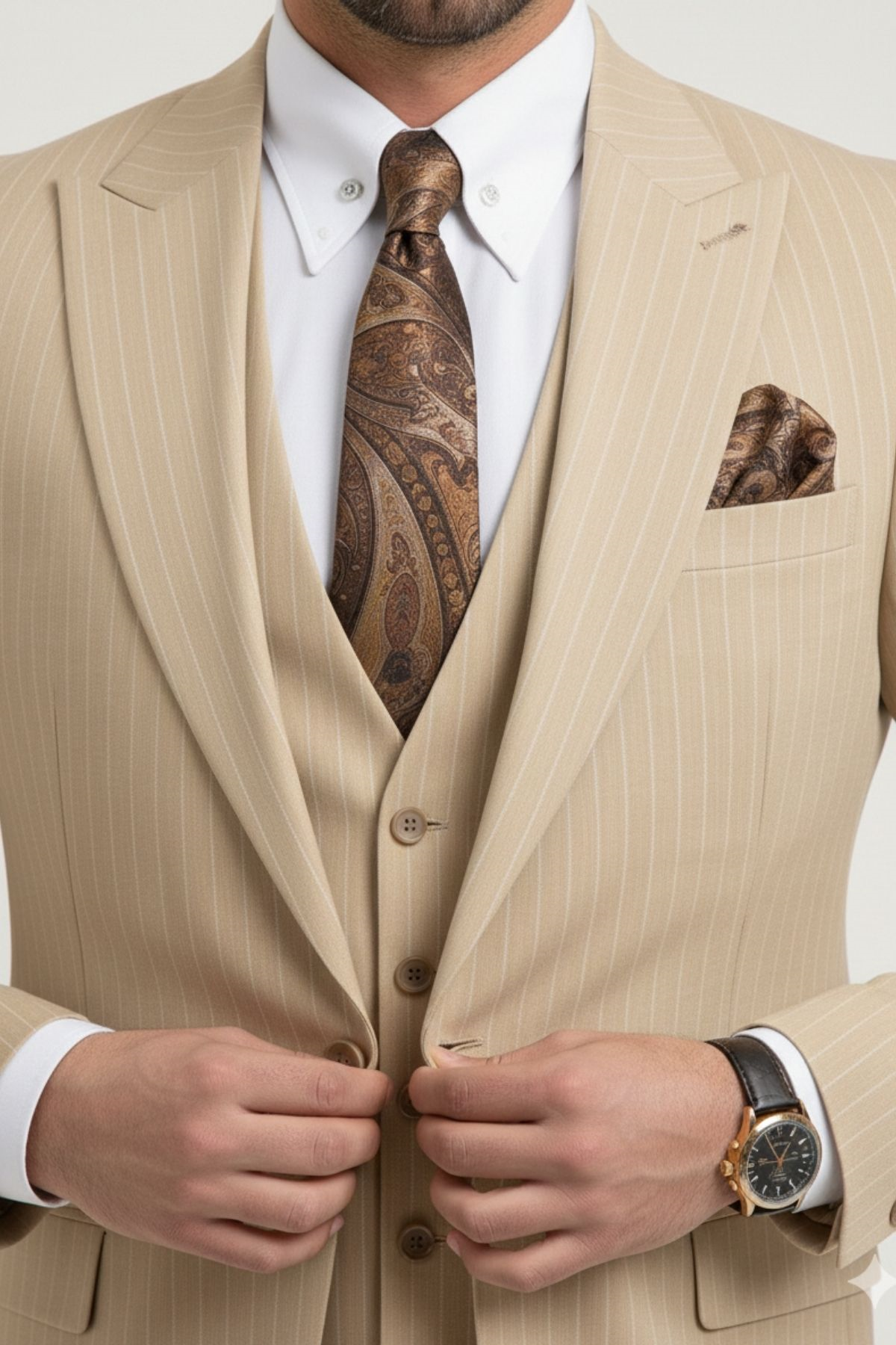 Bej Çizgili Slim Fit Pantolon Yelek Ceket Takım Elbise HT1026