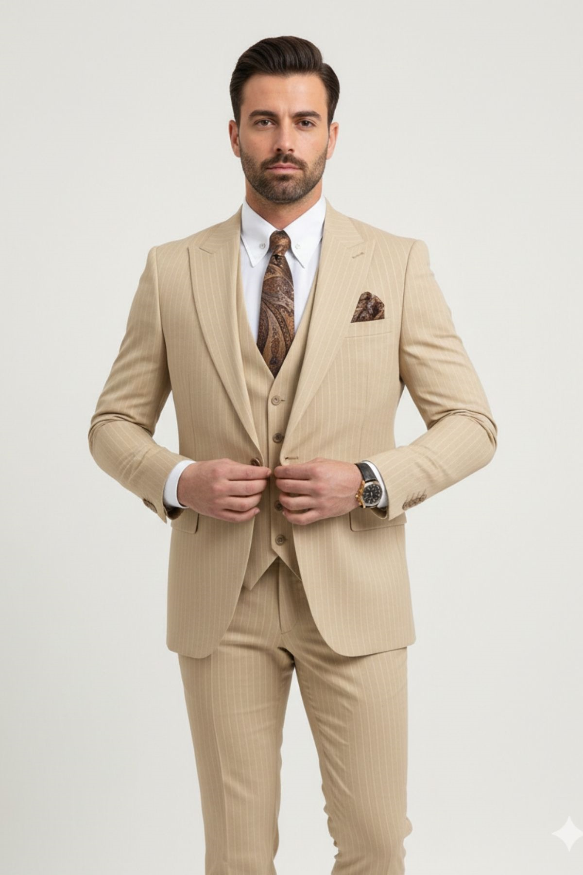 Bej Çizgili Slim Fit Pantolon Yelek Ceket Takım Elbise HT1026