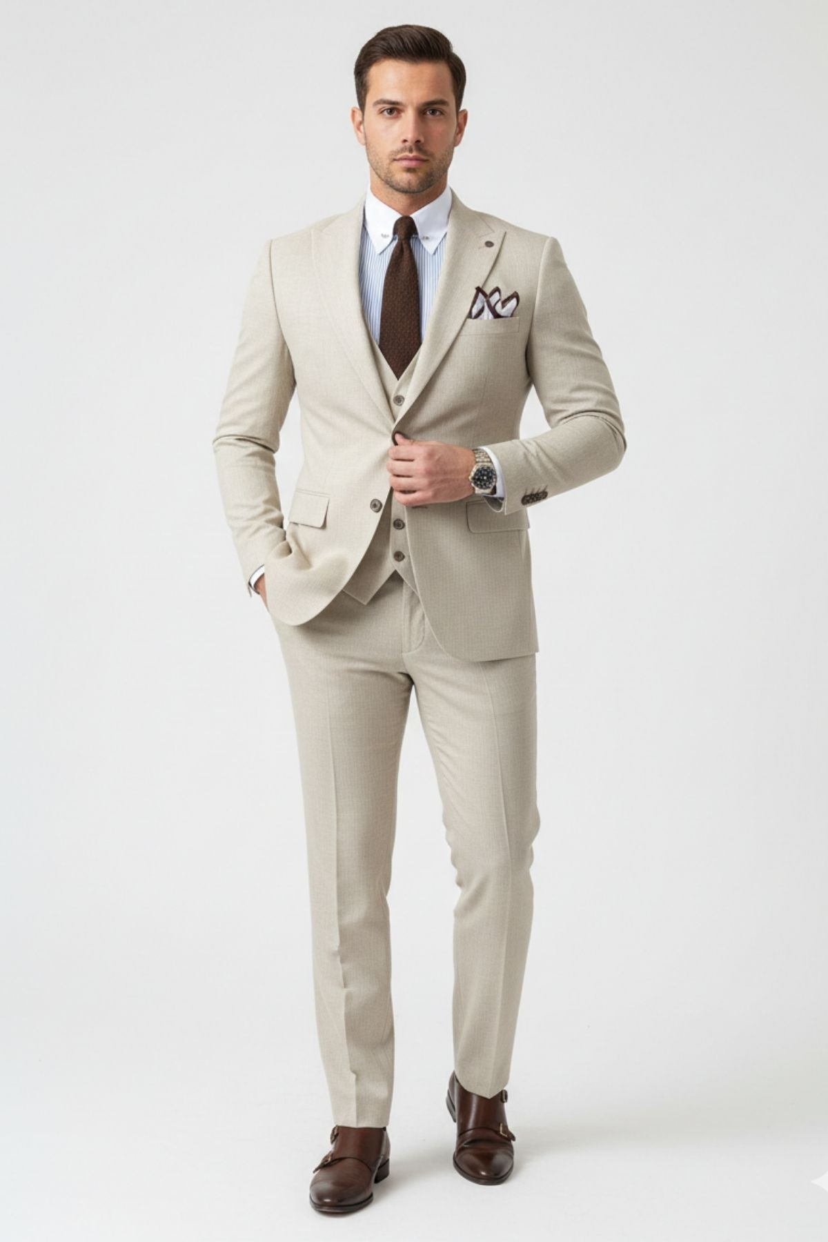 Bej Slim Fit Pantolon Yelek Ceket Takım Elbise HT1017