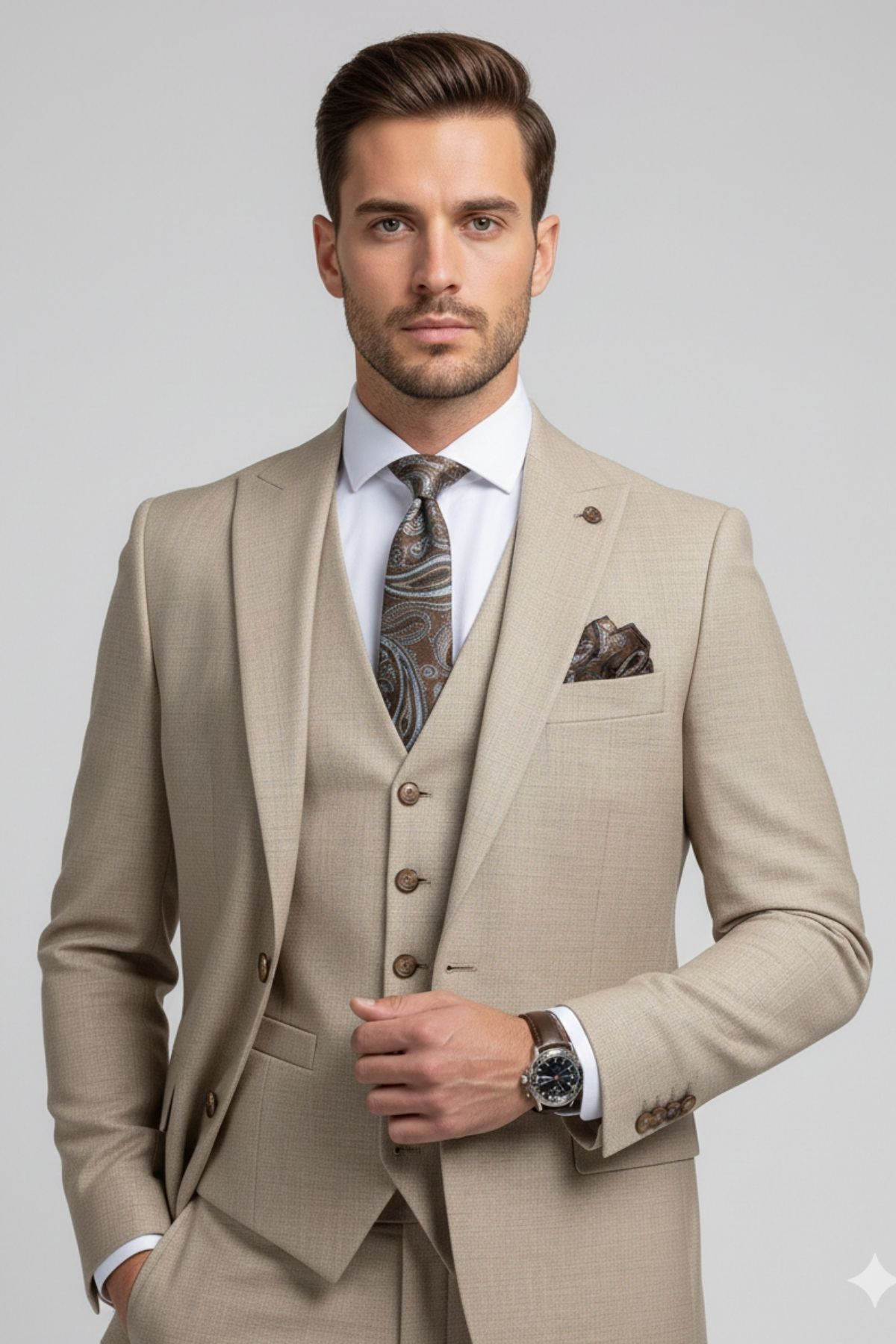 Slim Fit Pantolon Yelek Ceket Takım Elbise HT1008 – Bej