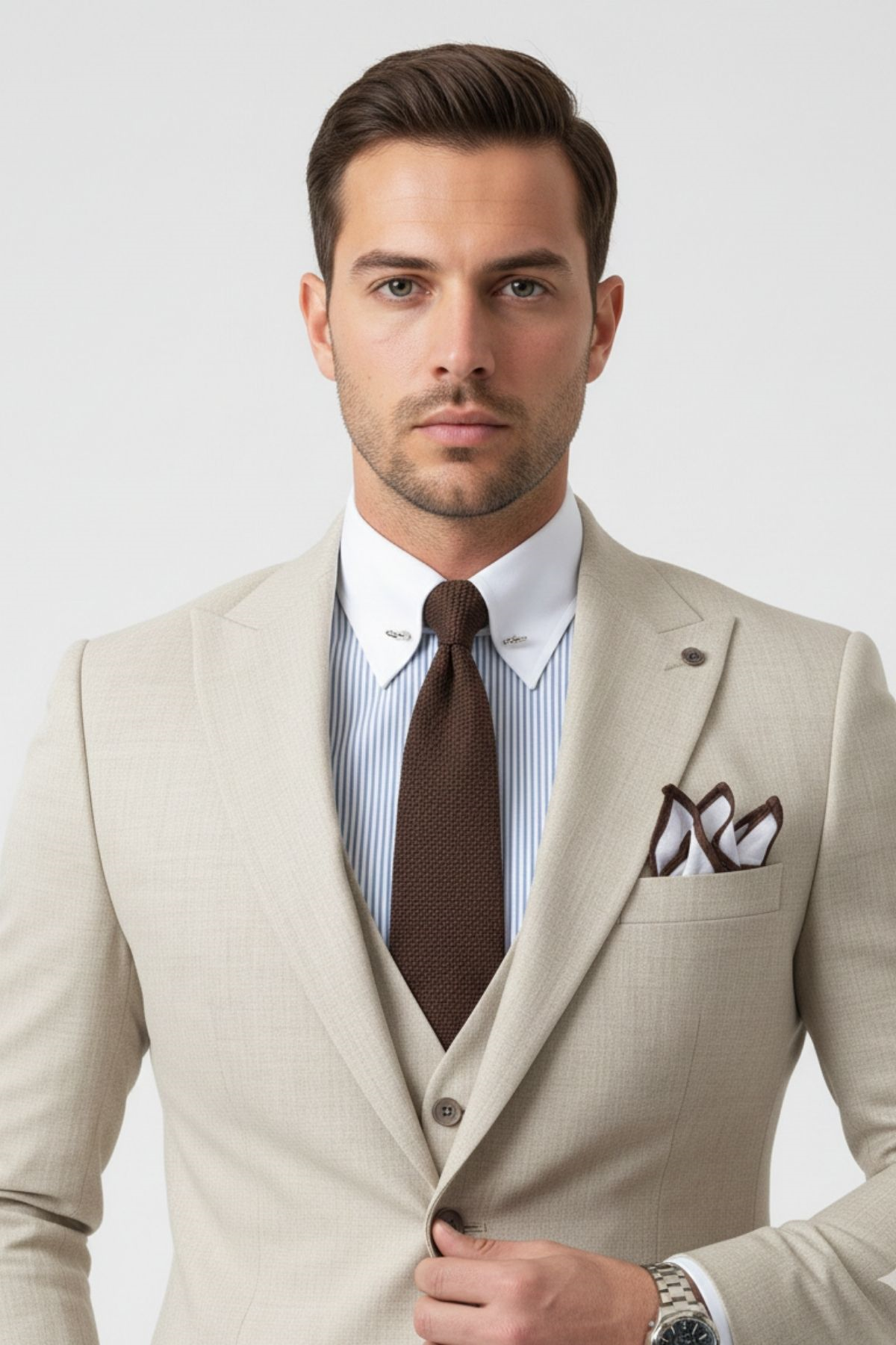 Bej Slim Fit Pantolon Yelek Ceket Takım Elbise HT1017
