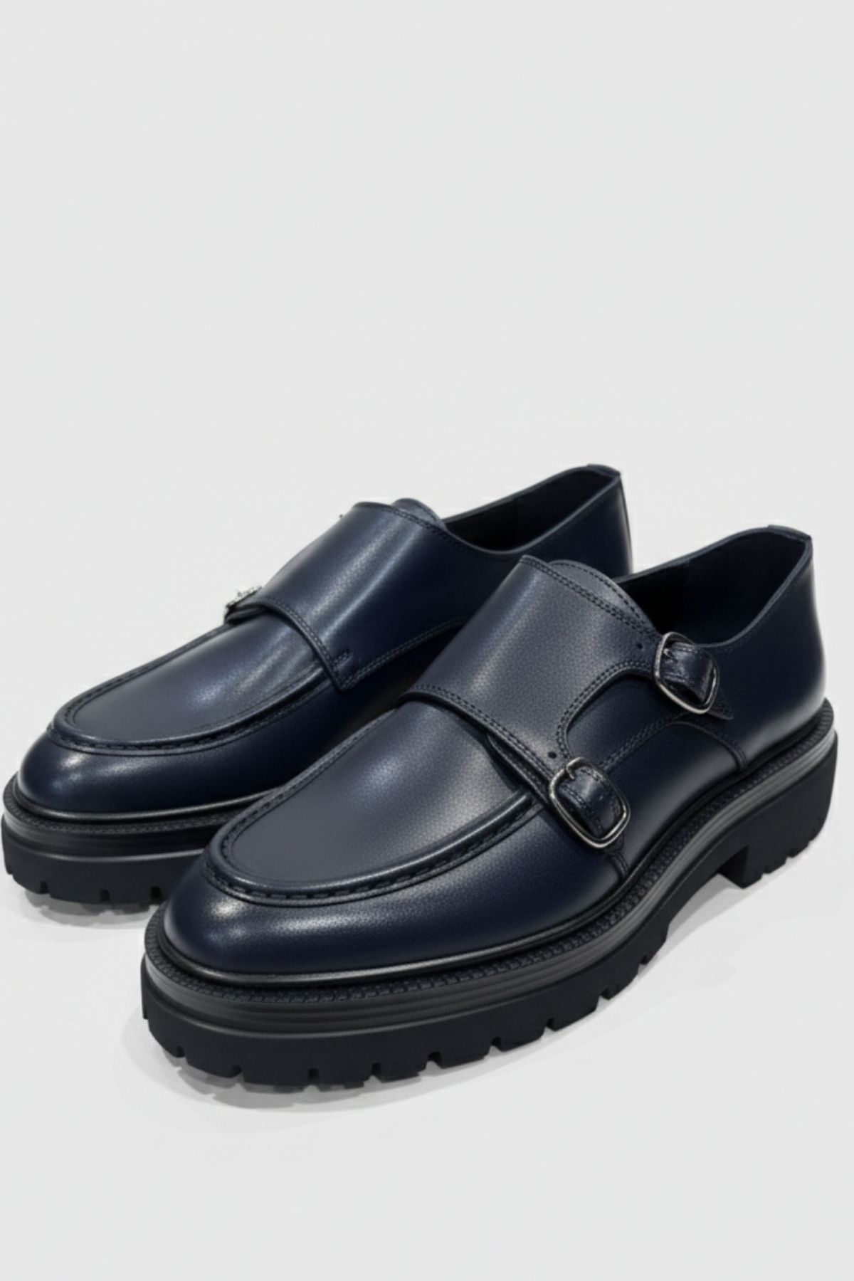Lacivert Kalın Taban Çift Tokalı Deri Erkek Ayakkabı (Monk Strap) HT2056
