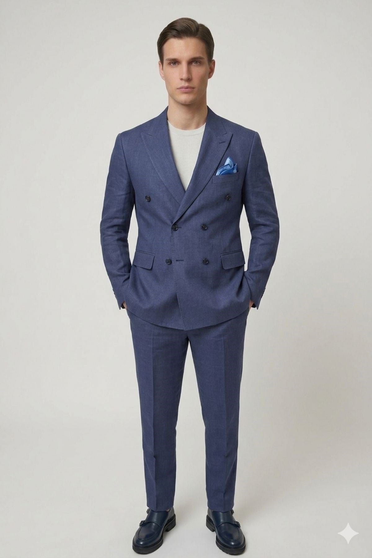 Lacivert Slim Fit Geniş Yaka Kruvaze Keten Erkek Ceket