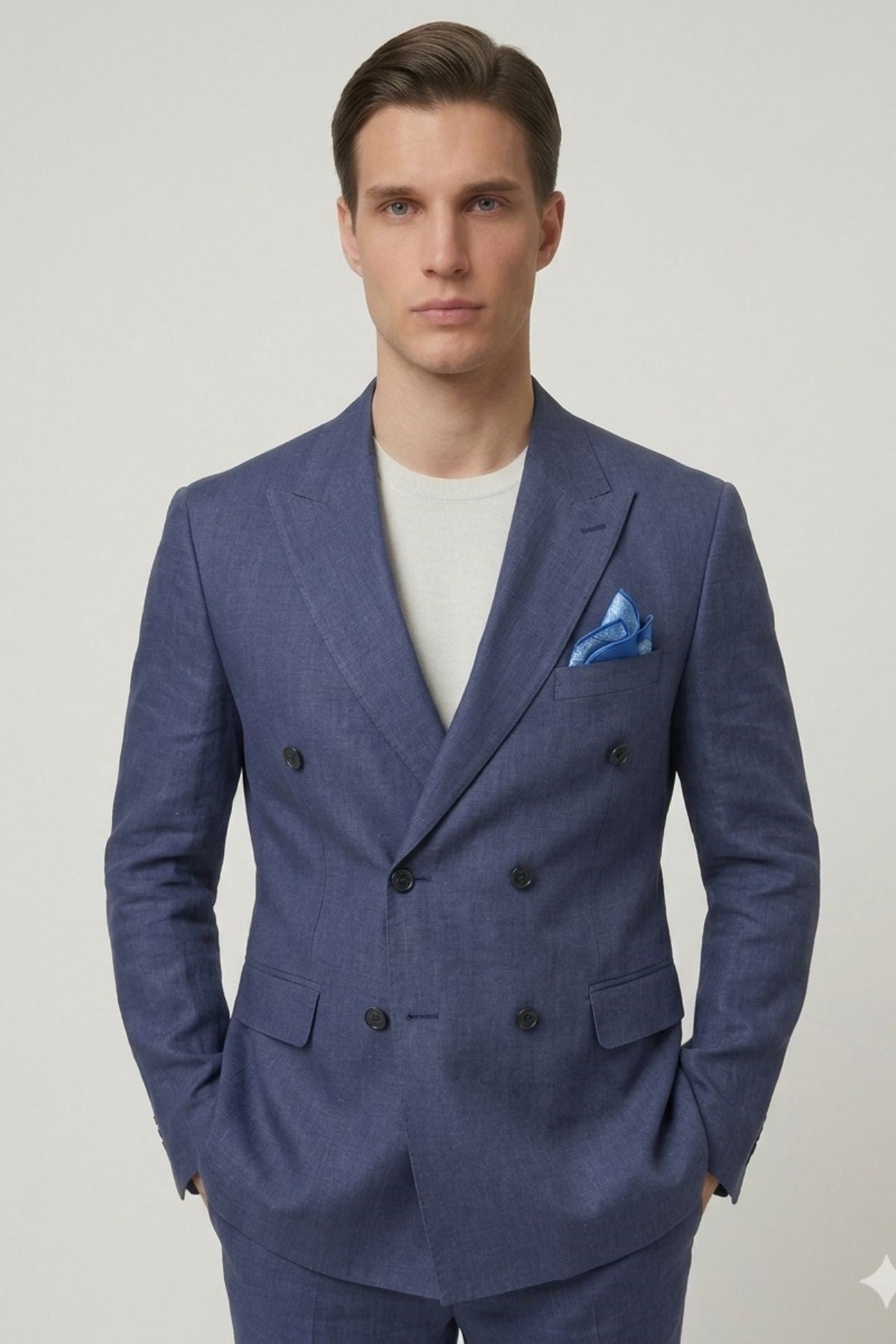 Lacivert Slim Fit Geniş Yaka Kruvaze Keten Erkek Ceket