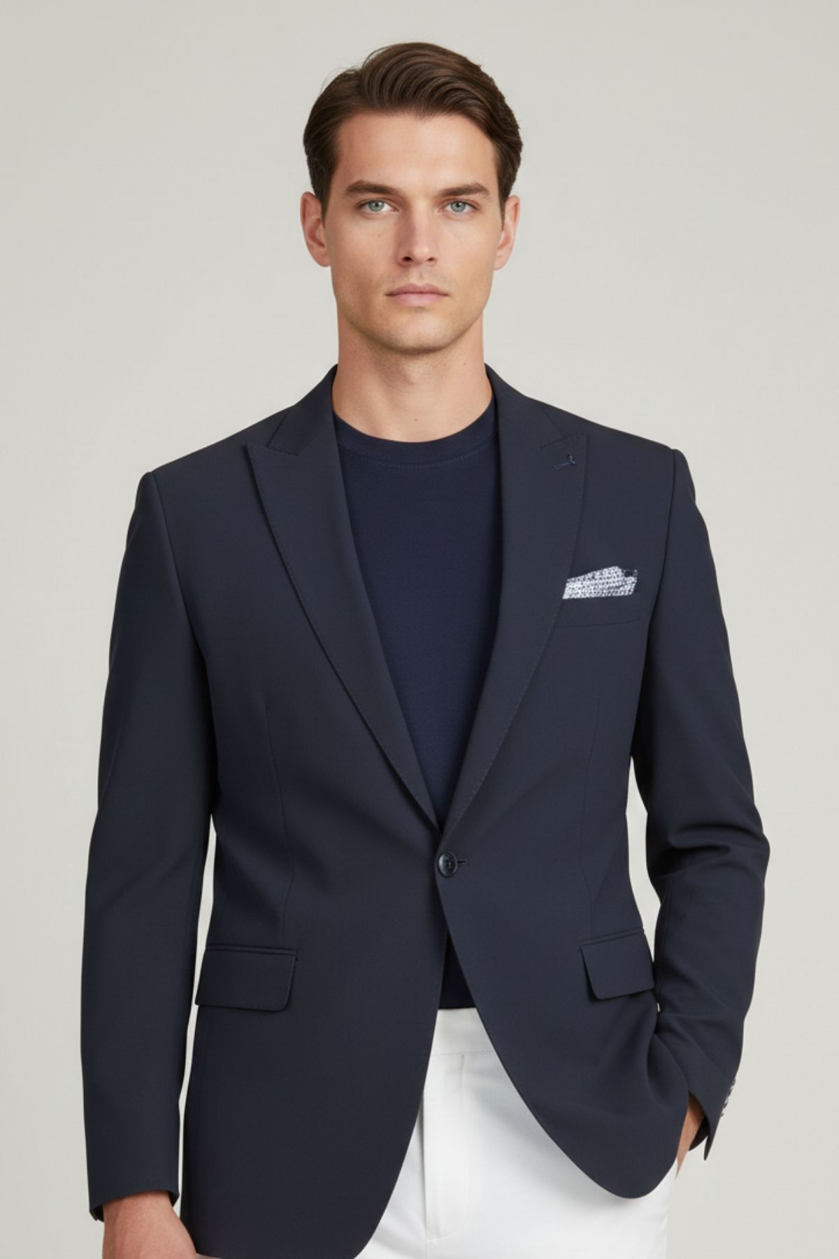 Lacivert Slim Fit Geniş Yaka Yün Karışımlı Erkek Ceket