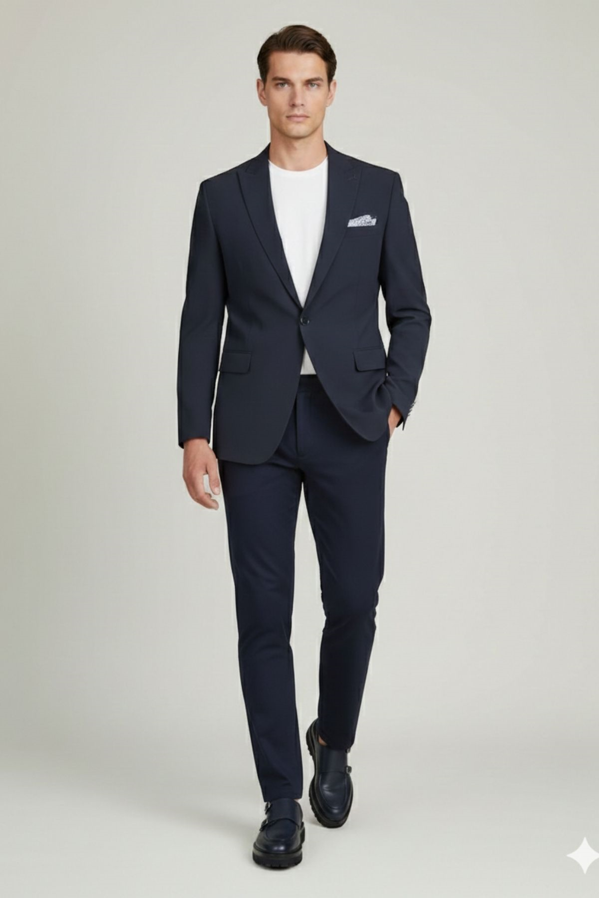 Lacivert Slim Fit Geniş Yaka Yün Karışımlı Pantolon Ceket Takım Elbise-HT41424-TKM-LCV