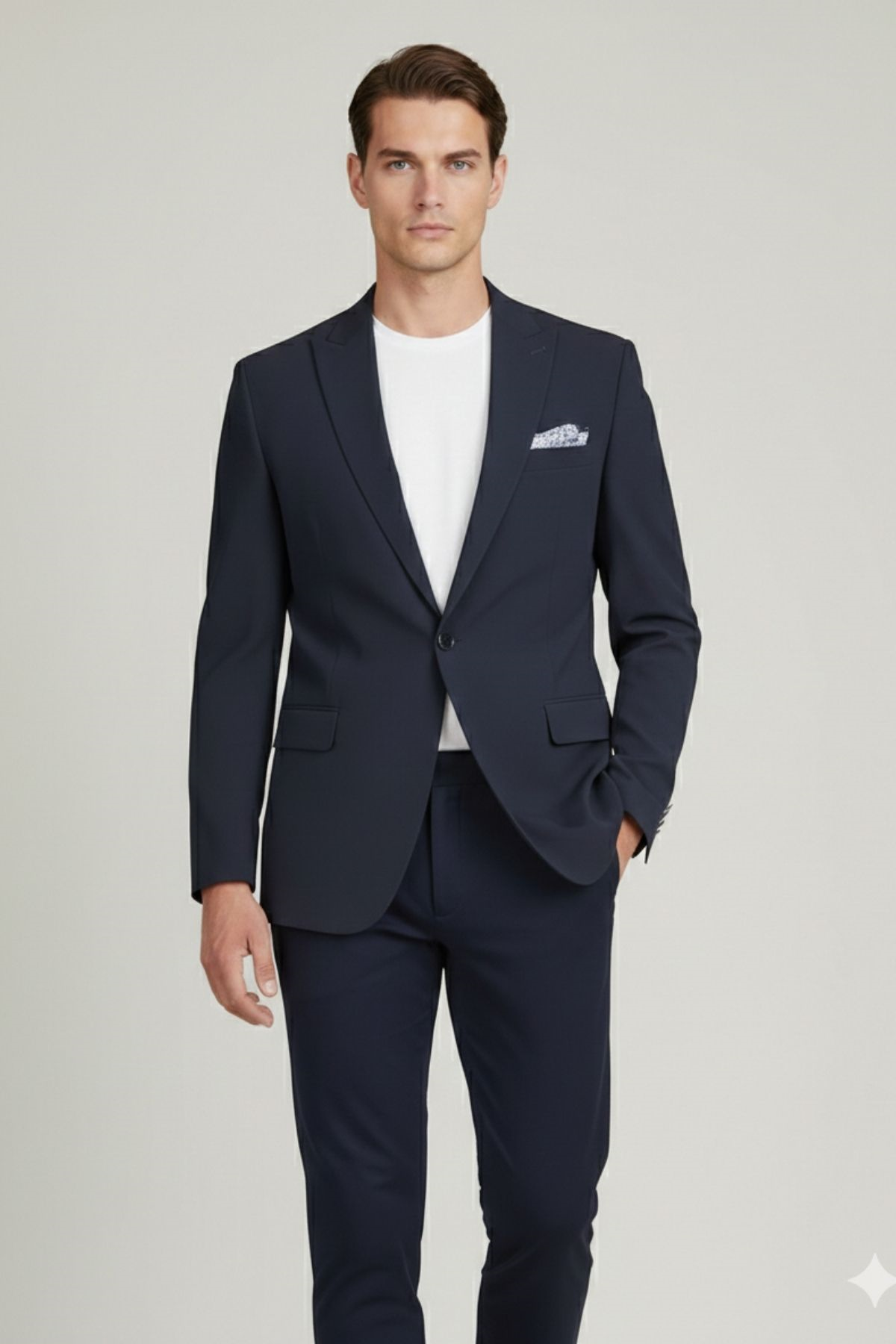 Lacivert Slim Fit Geniş Yaka Yün Karışımlı Pantolon Ceket Takım Elbise-HT41424-TKM-LCV