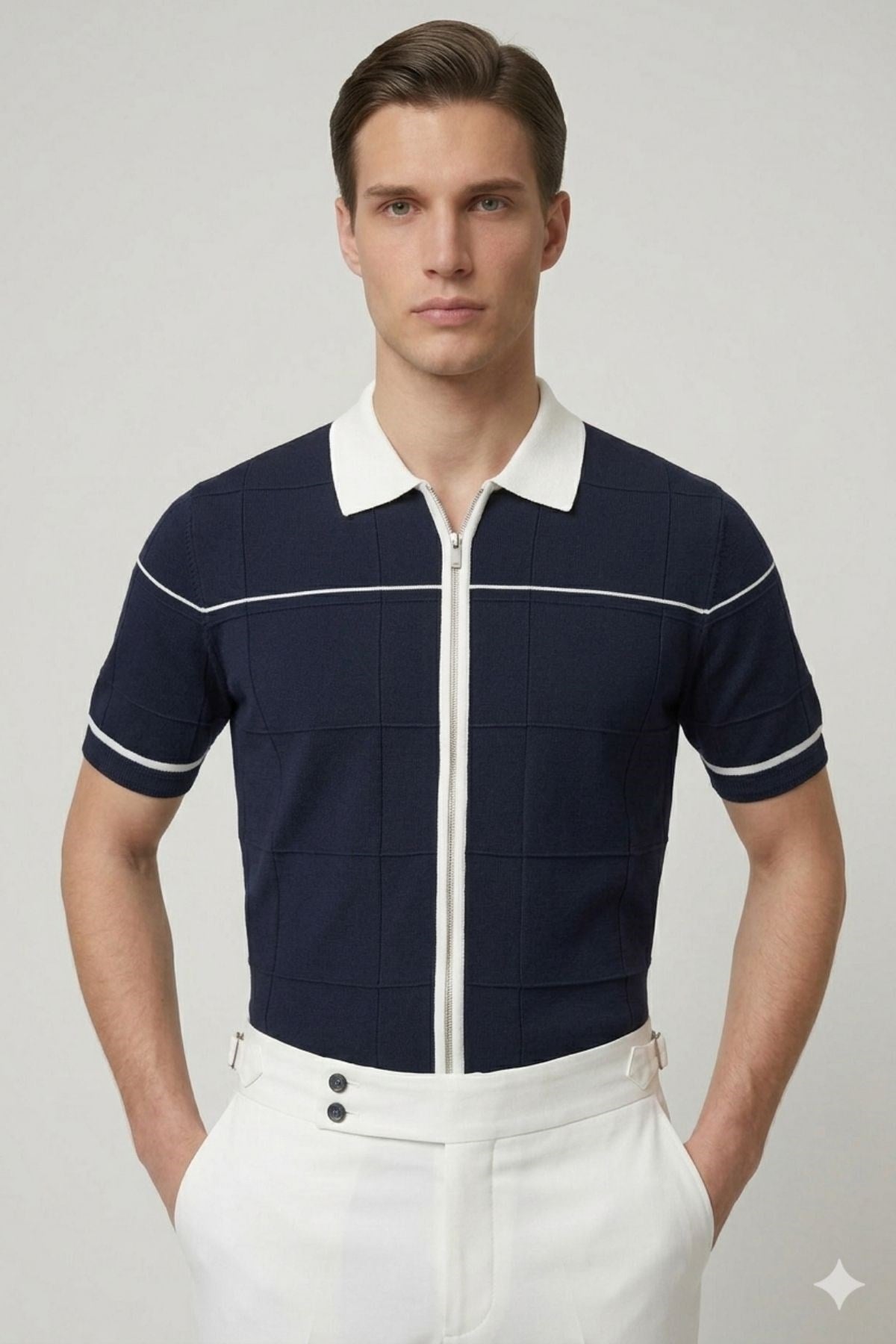 Lacivert Slim Fit Polo Yaka Fermuarlı Kısa Kol Erkek Triko T-Shirt