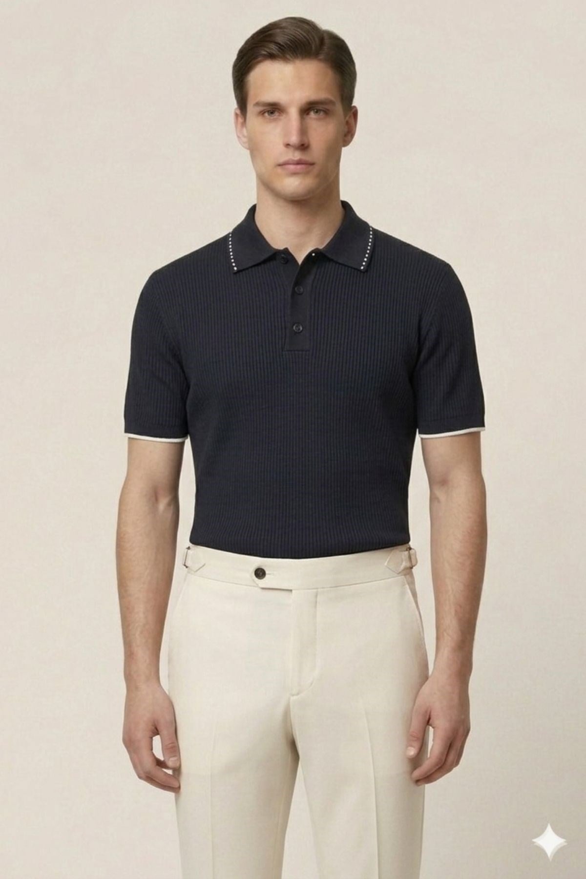Lacivert Slim Fit Polo Yaka Kısa Kollu Erkek Triko T-Shirt