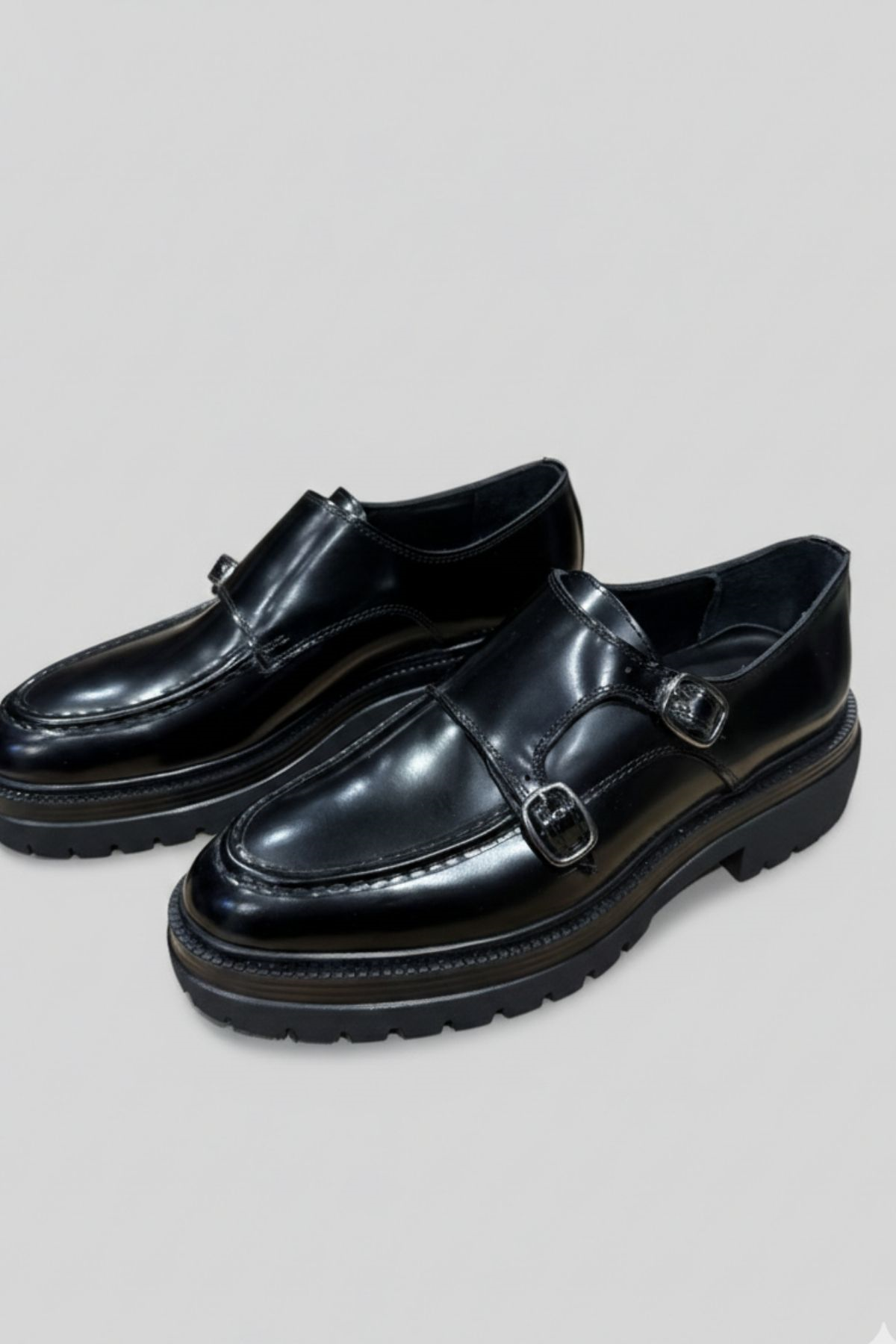Siyah Açma Kalın Taban Çift Tokalı Deri Erkek Ayakkabı (Monk Strap) HT2056