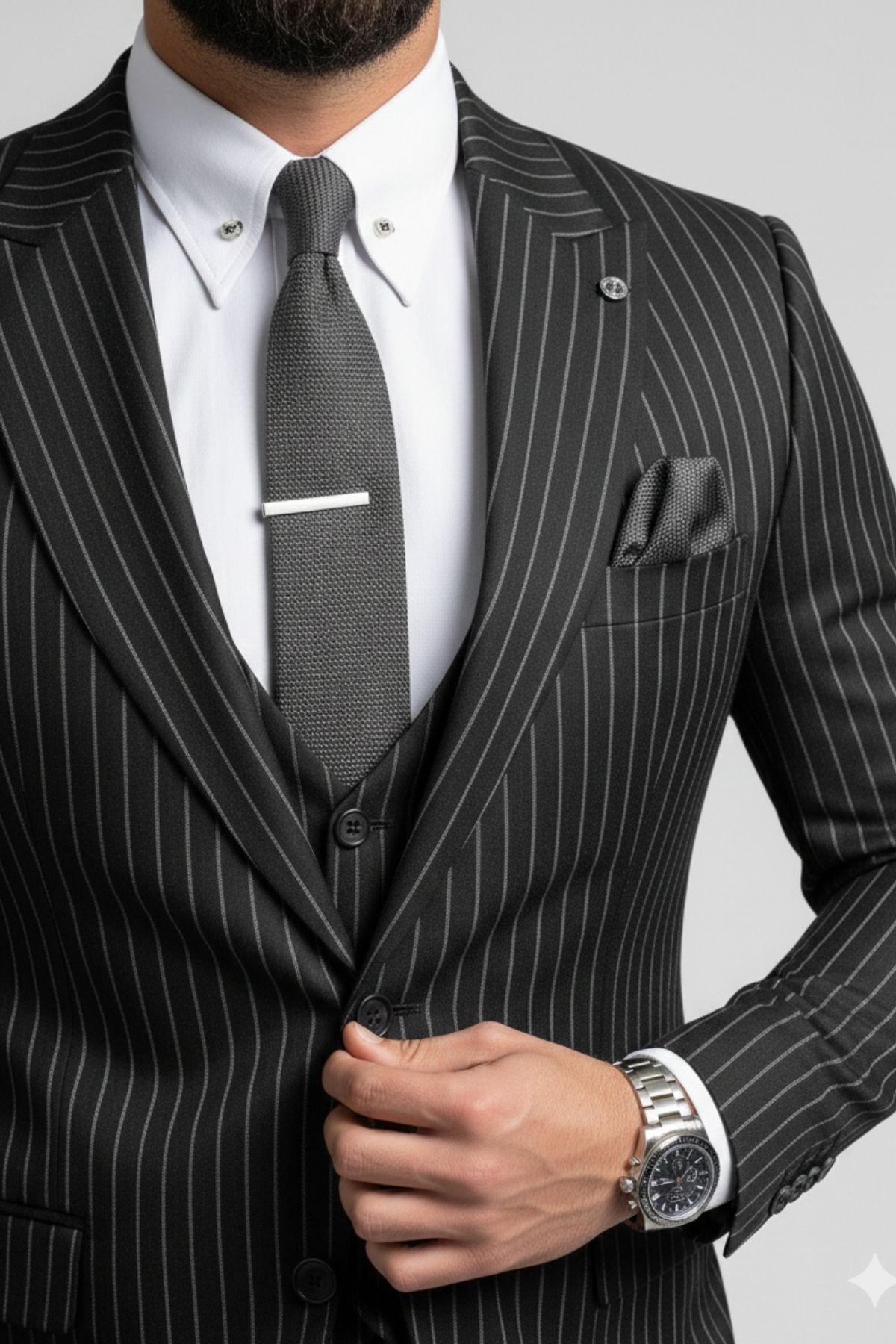 Siyah Çizgili Slim Fit Pantolon Yelek Ceket Takım Elbise HT1026