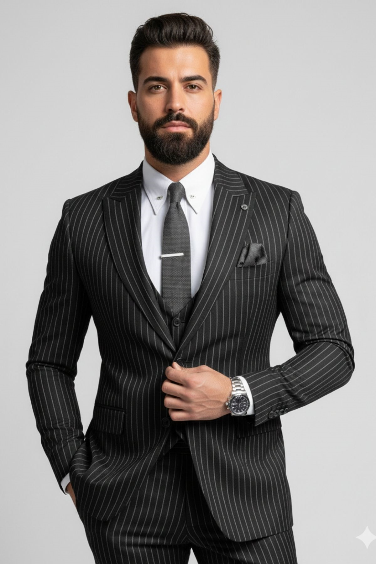 Siyah Çizgili Slim Fit Pantolon Yelek Ceket Takım Elbise HT1026