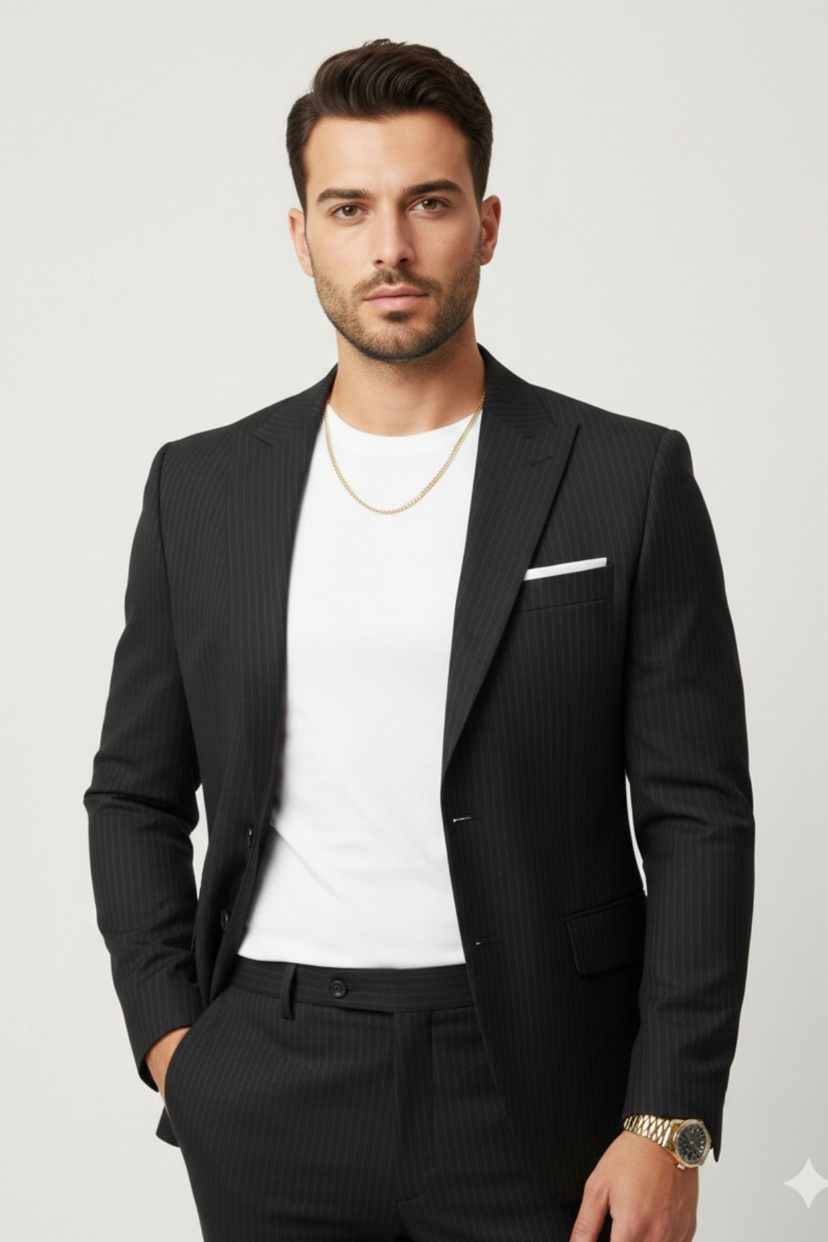 Siyah İnce Çizgili Slim Fit Blazer Pantolon Ceket Takım Elbise HT1020