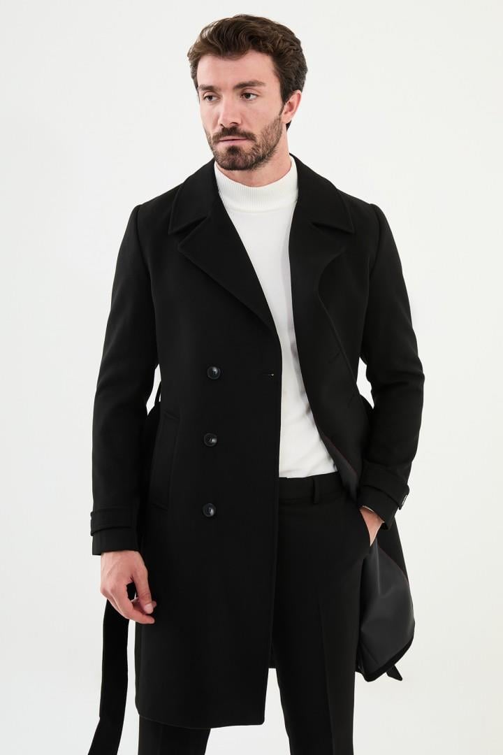 Siyah Slim Fit Kruvaze Geniş Yaka Kuşaklı Kaşe Erkek Kaban HT21303