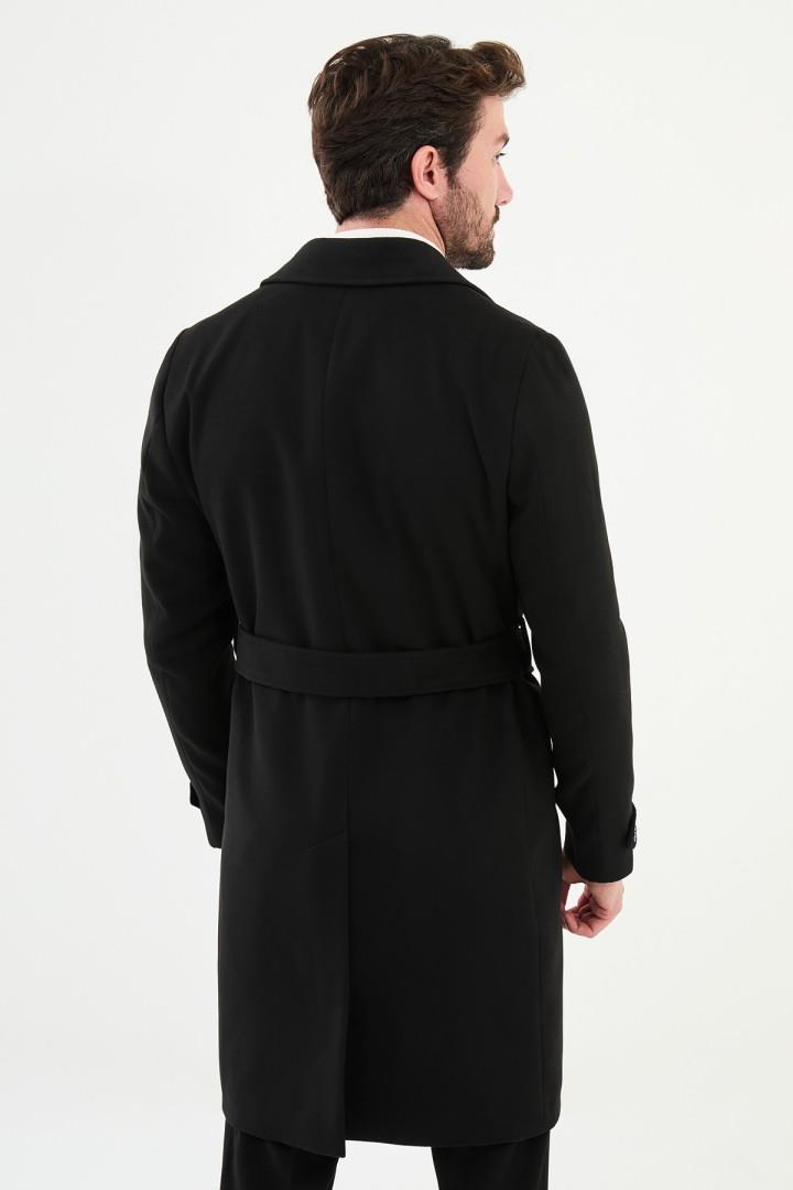 Siyah Slim Fit Kruvaze Geniş Yaka Kuşaklı Kaşe Erkek Kaban HT21303