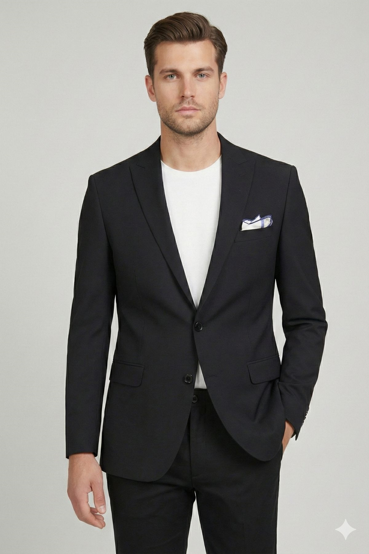 Siyah Slim Fit Geniş Yaka Yün Karışımlı Pantolon Ceket Takım Elbise-HT41424-TKM-SYH