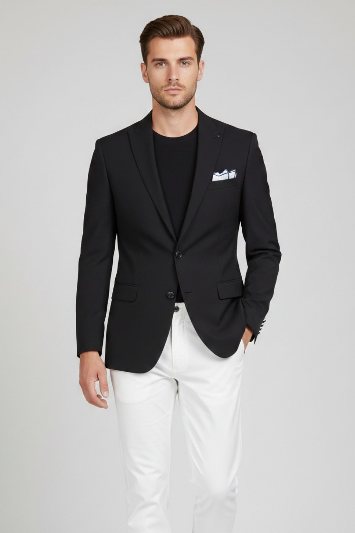 Siyah Slim Fit Geniş Yaka Yün Karışımlı Erkek Ceket-HT41424-CKT-SYH