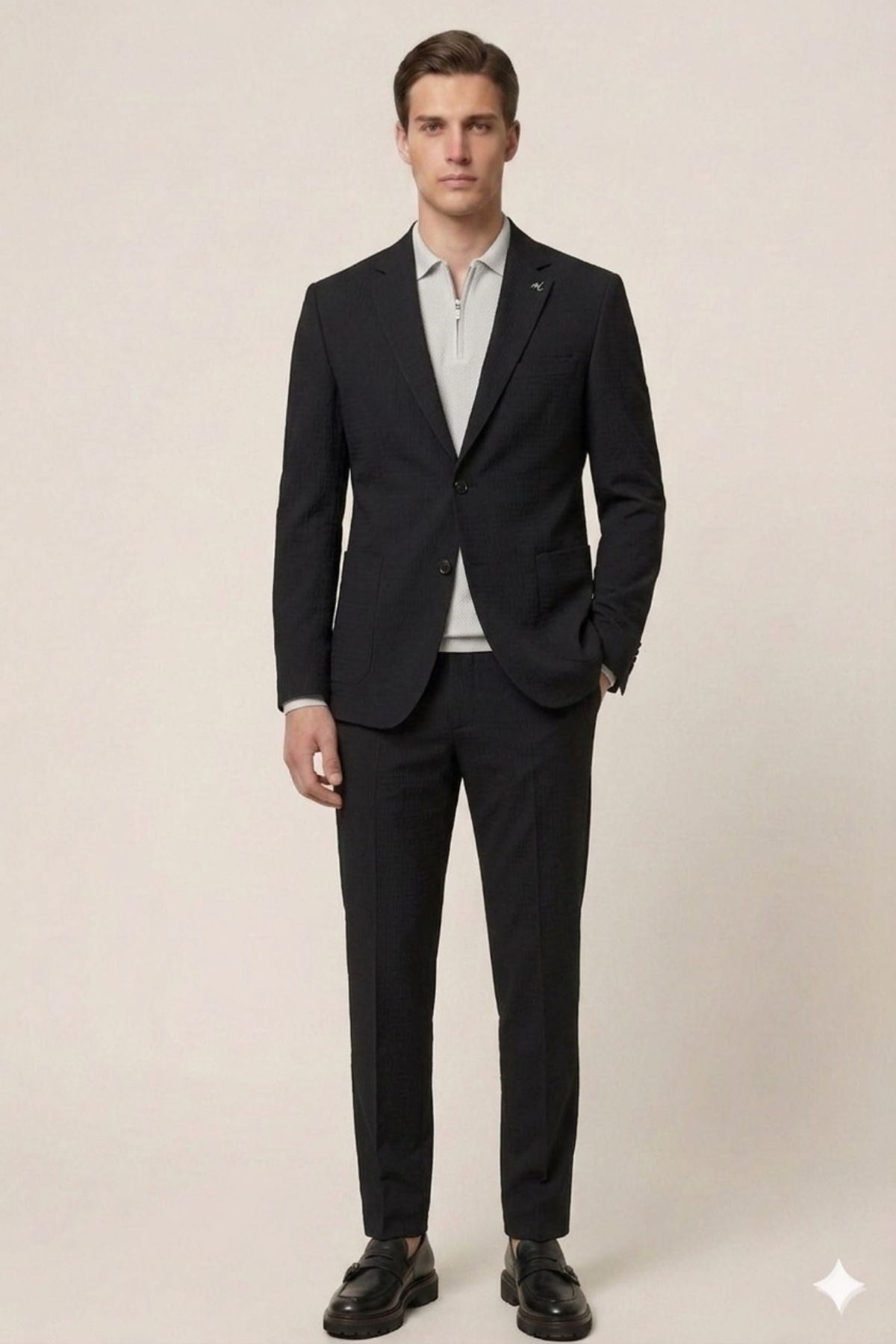 Siyah Slim Fit Mono Yaka Dokulu Erkek Ceket