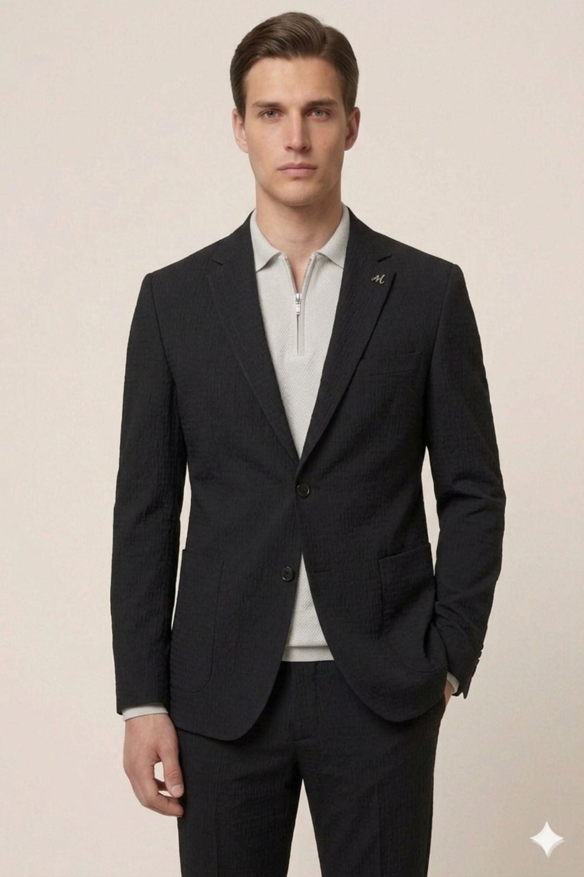 Siyah Slim Fit Mono Yaka Dokulu Erkek Ceket