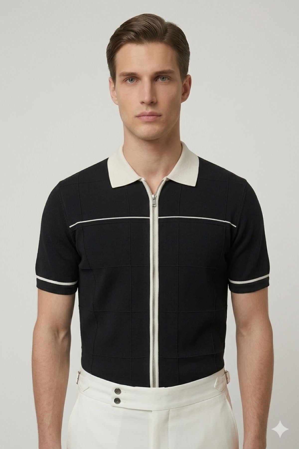 Siyah Slim Fit Polo Yaka Fermuarlı Kısa Kol Erkek Triko T-Shirt