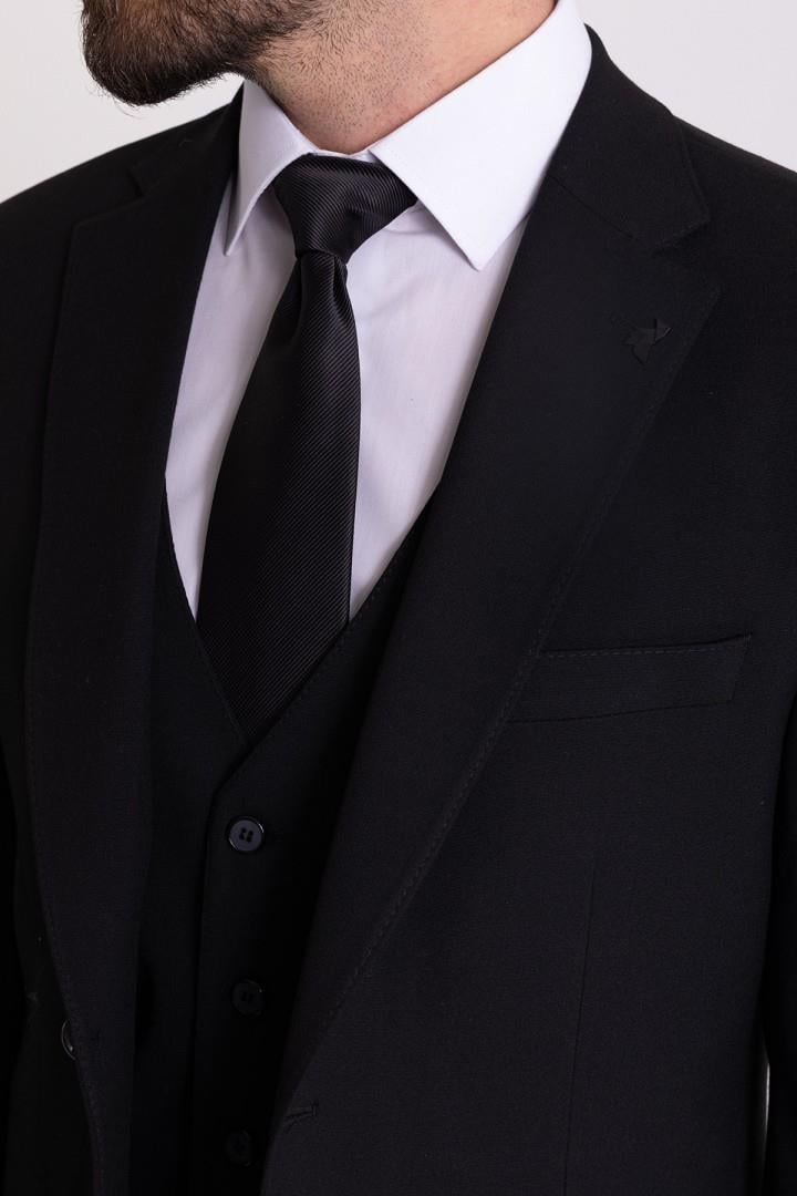 Büyük Beden Siyah Yelekli Klasik Erkek Takım Elbise